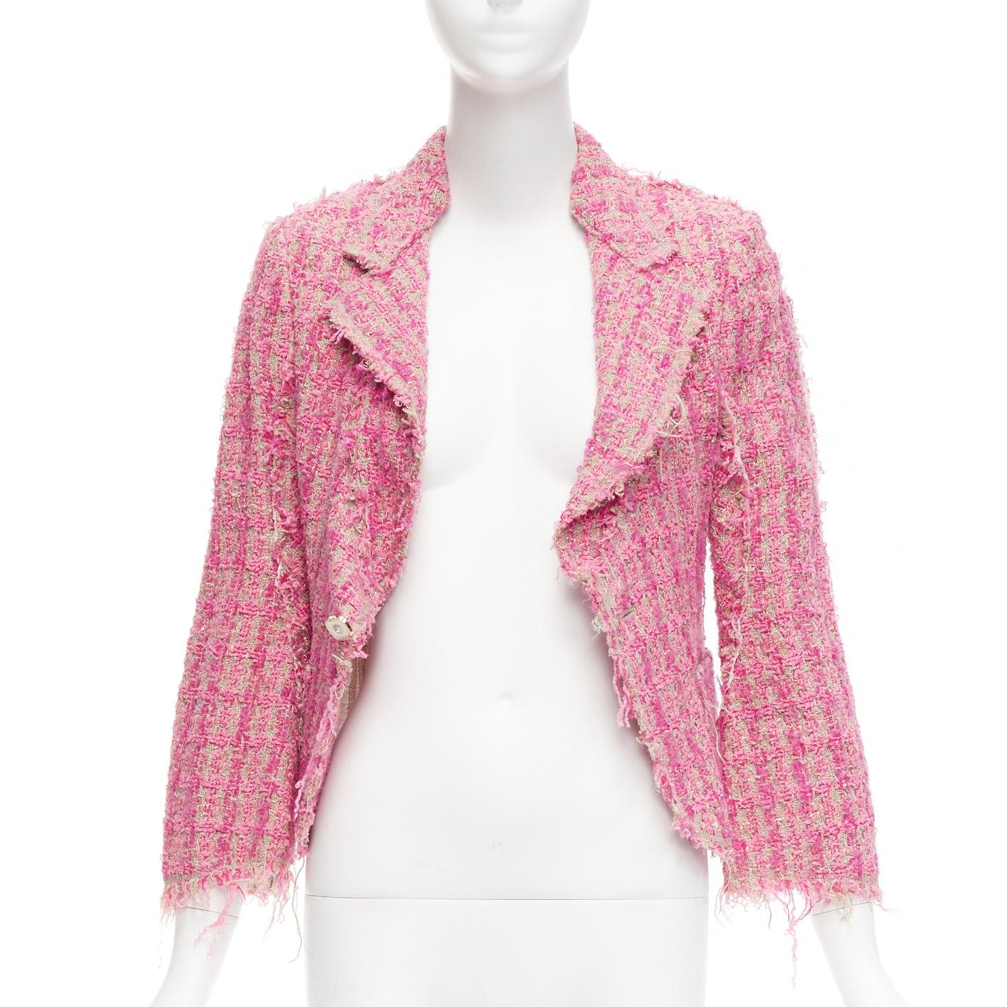 Pink JUNYA WATANABE 2008 pink distressed tweed fitted cropped jacket S For Sale