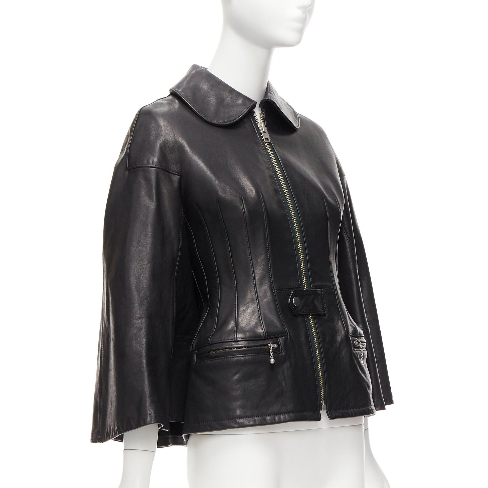 Women's JUNYA WATANABE 2011 Runway black leather corset bodice cape sleeve jacket XS For Sale