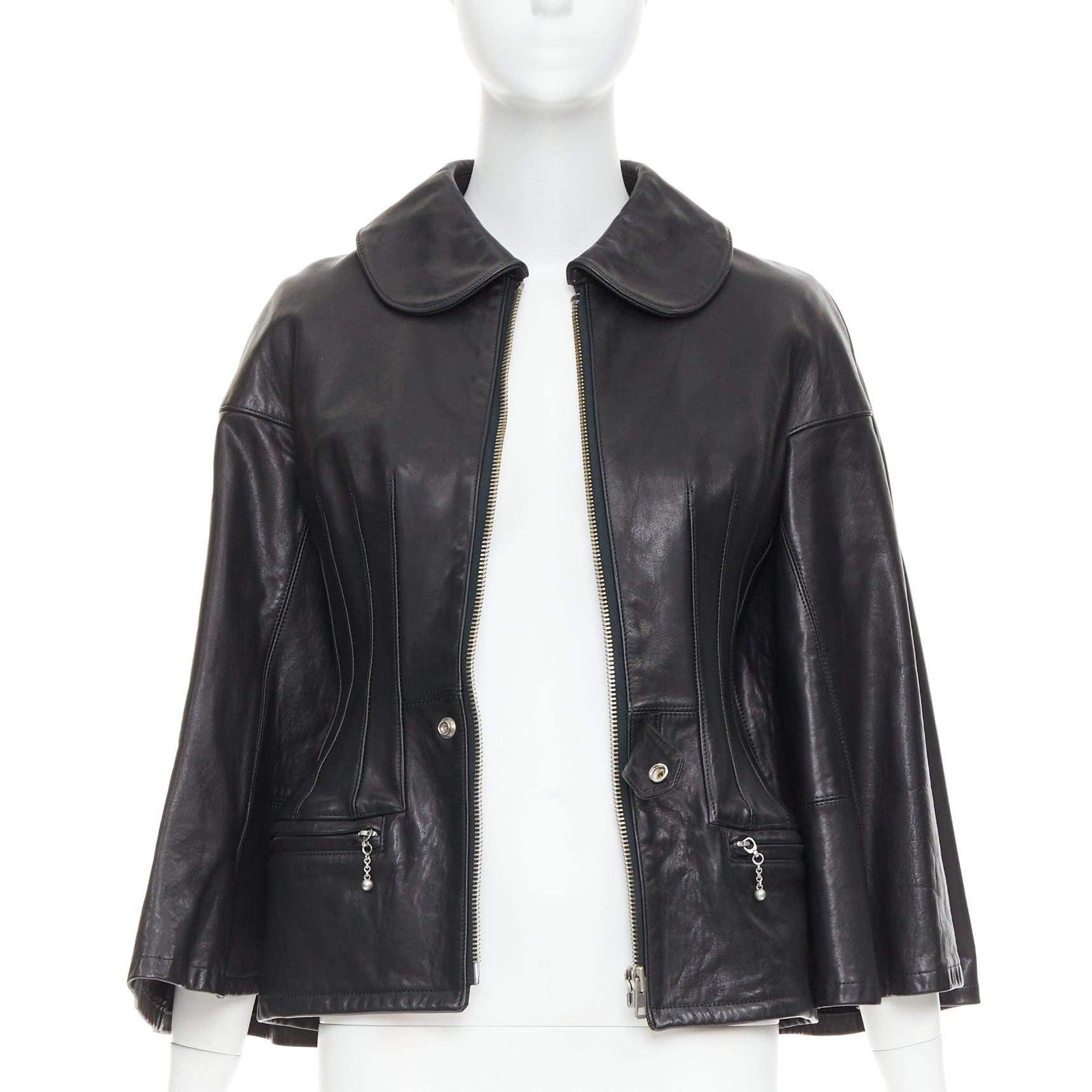 Black JUNYA WATANABE 2011 Runway black leather pleated corset caped jacket XS For Sale