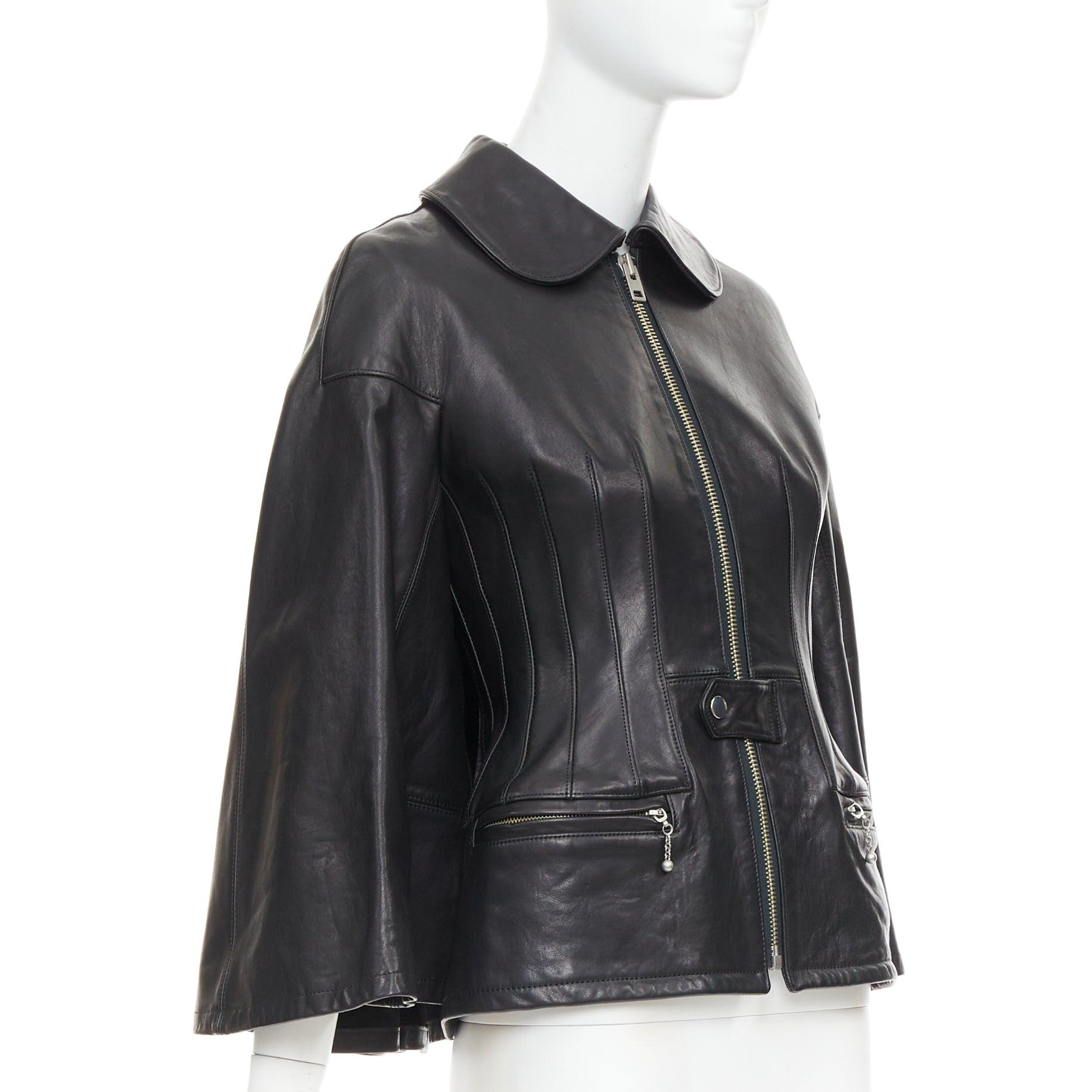 JUNYA WATANABE 2011 Runway black leather pleated corset caped jacket XS In Good Condition For Sale In Hong Kong, NT