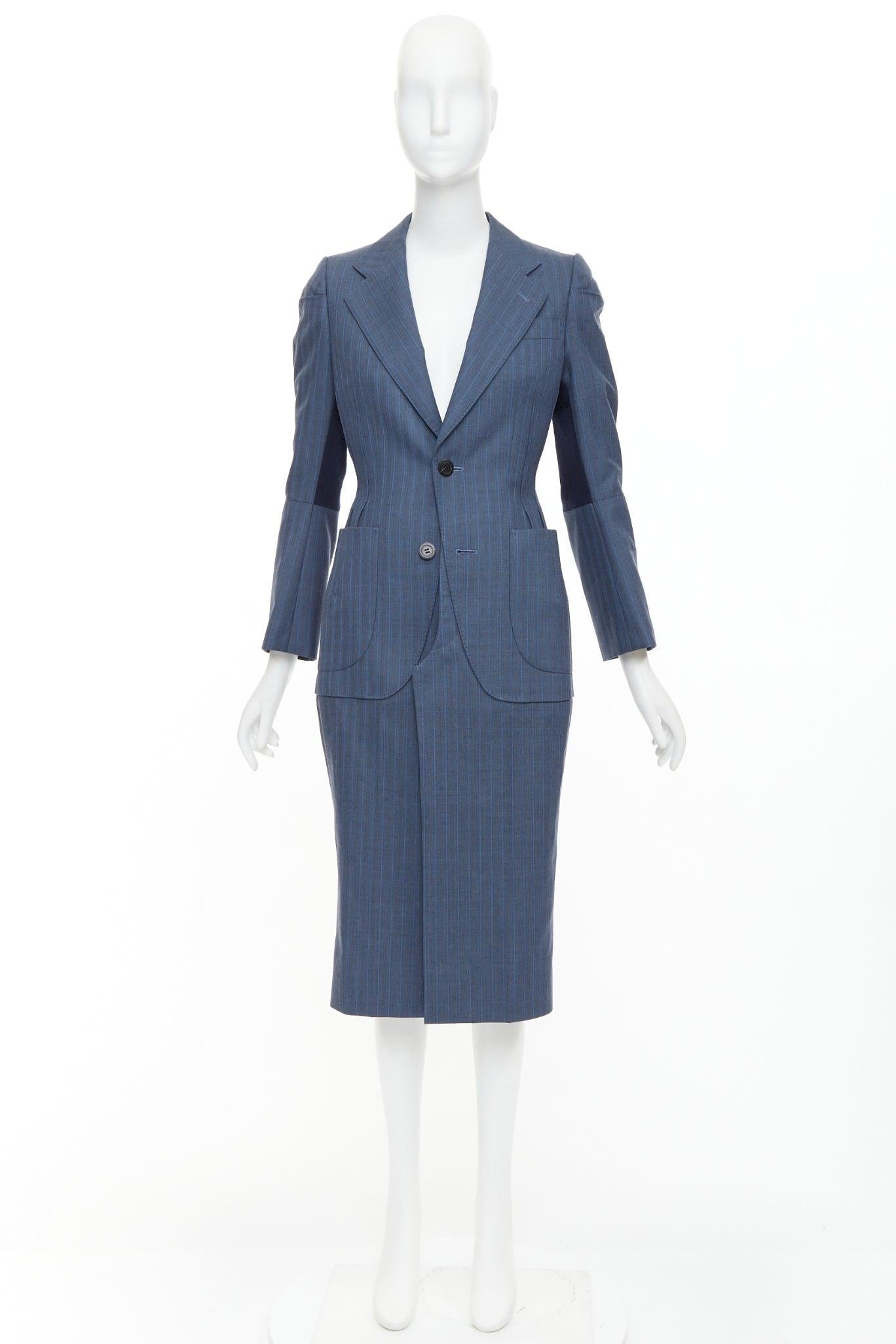 JUNYA WATANABE 2012 Runway blue wool pinstriped tromp loeil seam long coat S in vendita 1