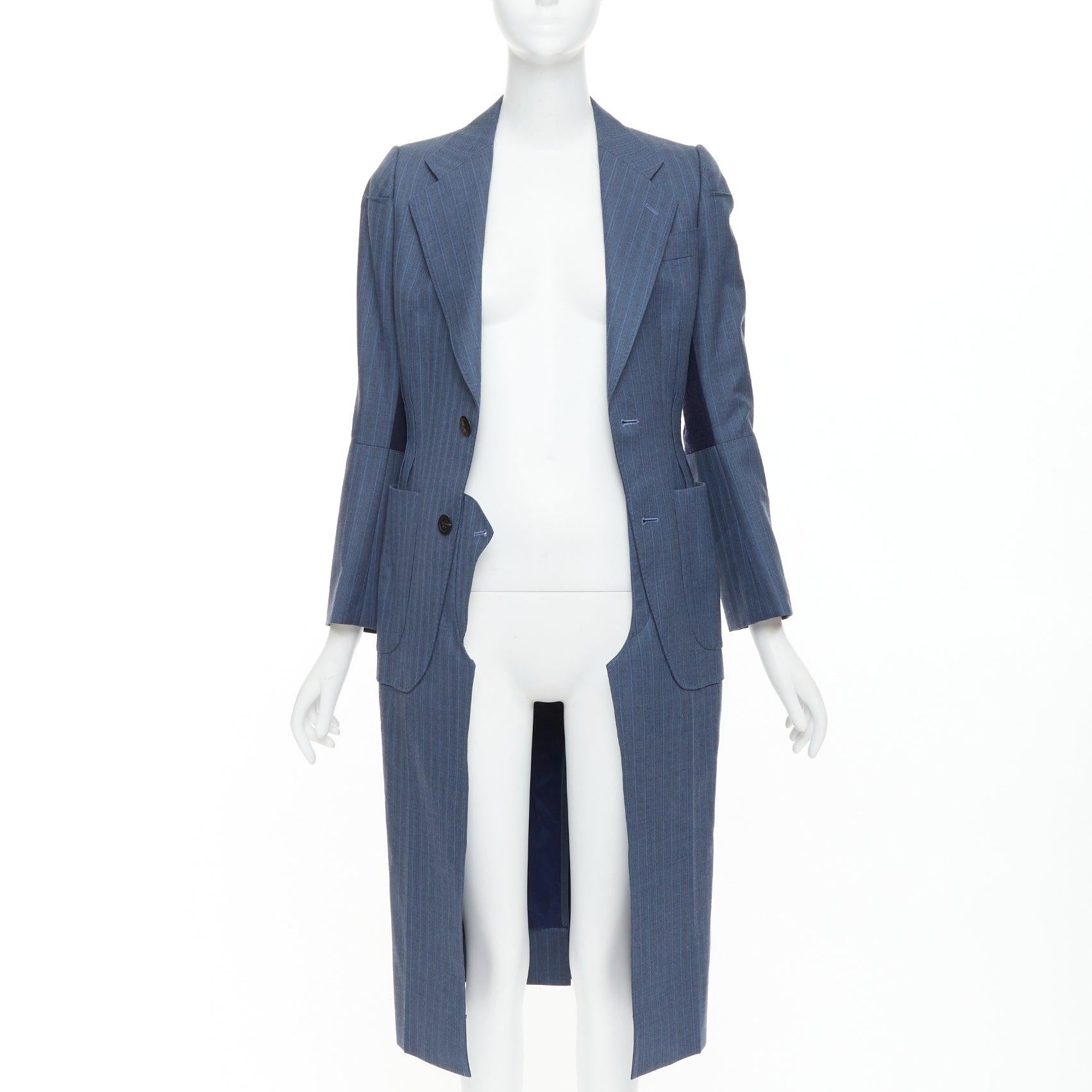 JUNYA WATANABE 2012 Runway blue wool pinstriped tromp loeil seam long coat S in vendita 2