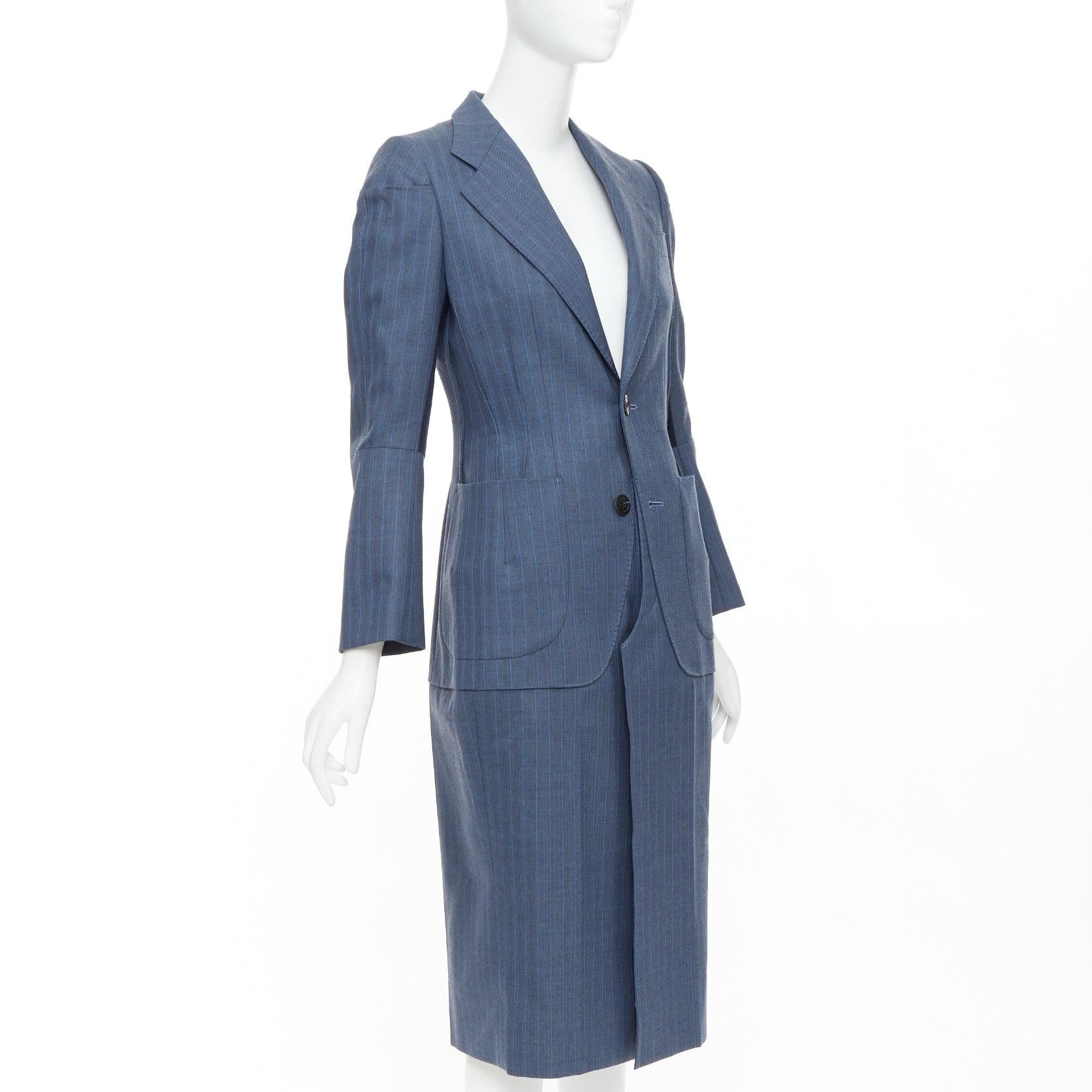 JUNYA WATANABE 2012 Runway blue wool pinstriped tromp loeil seam long coat S in vendita 3