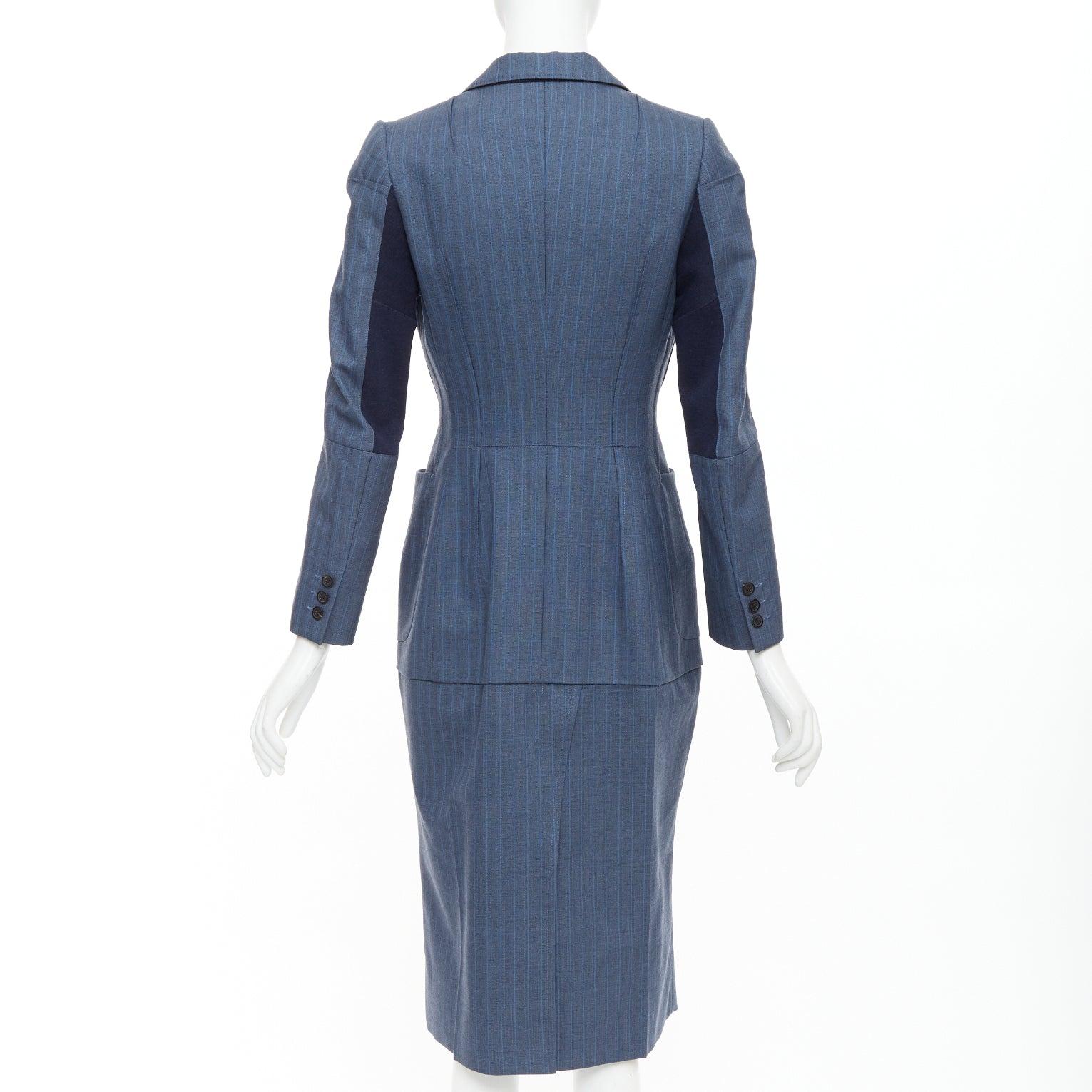 JUNYA WATANABE 2012 Runway blue wool pinstriped tromp loeil seam long coat S in vendita 4