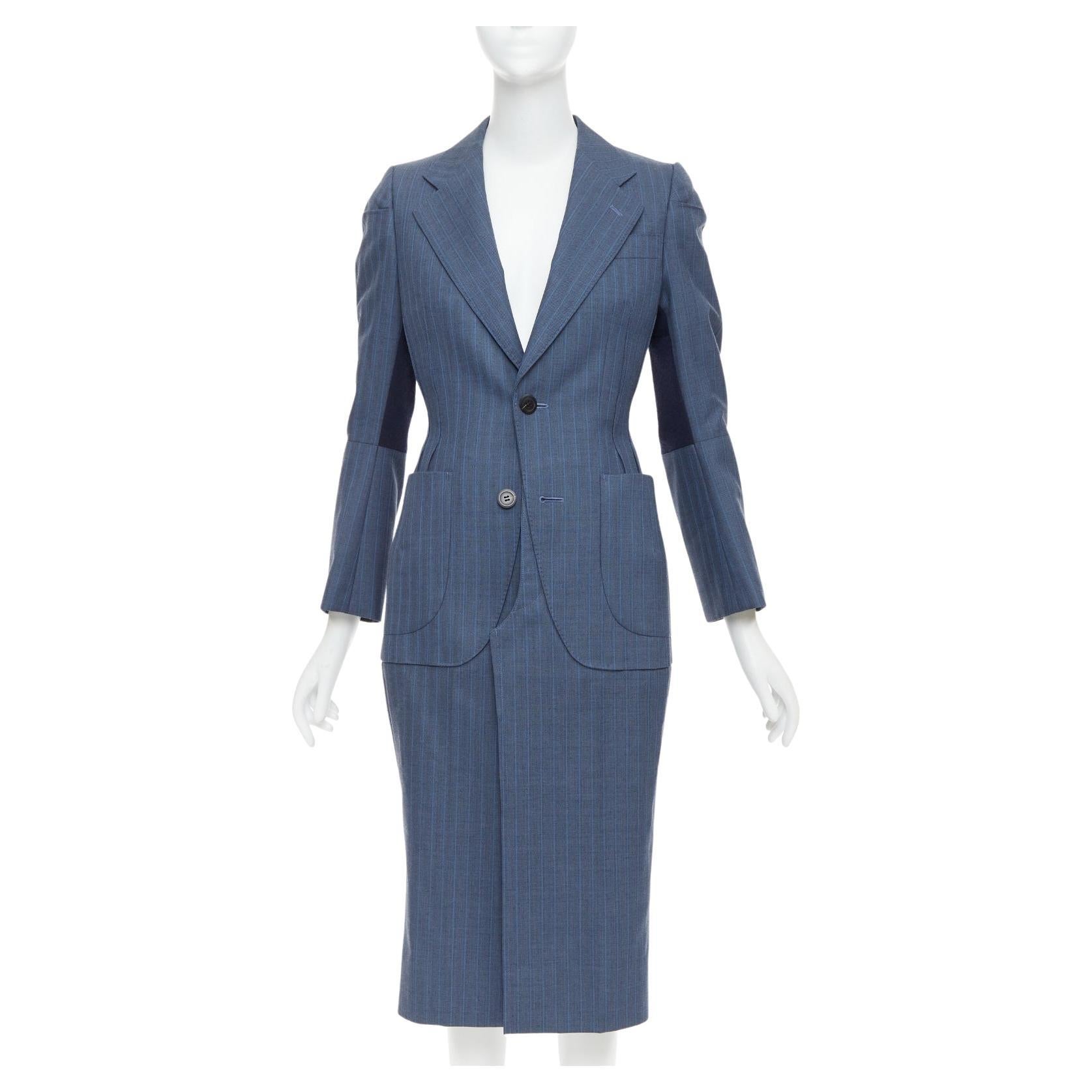 JUNYA WATANABE 2012 Runway blue wool pinstriped tromp loeil seam long coat S in vendita