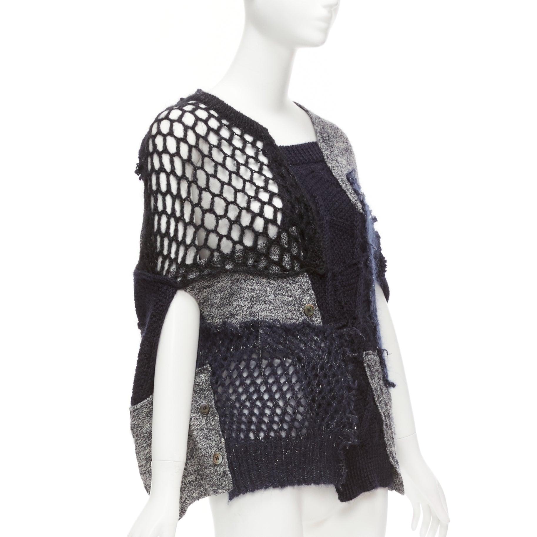 Noir JUNYA WATANABE 2014 navy grey wool mohair blend patchwork loose knit cardigan M en vente