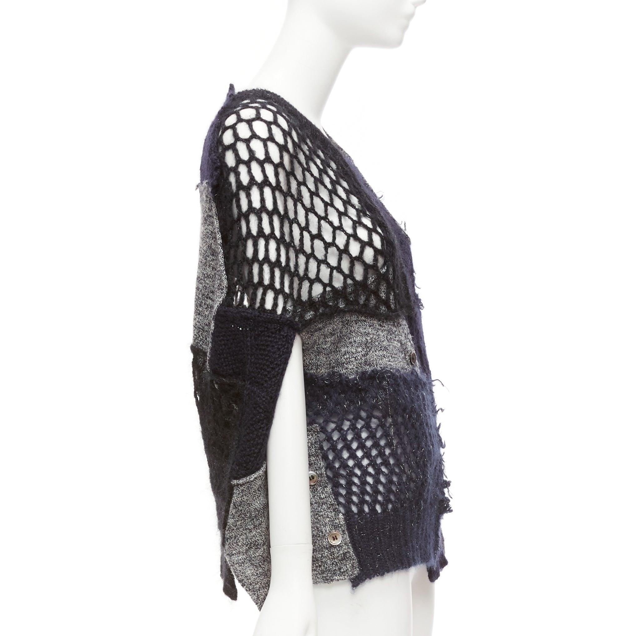 Women's JUNYA WATANABE 2014 navy grey wool mohair blend patchwork loose knit cardigan M For Sale