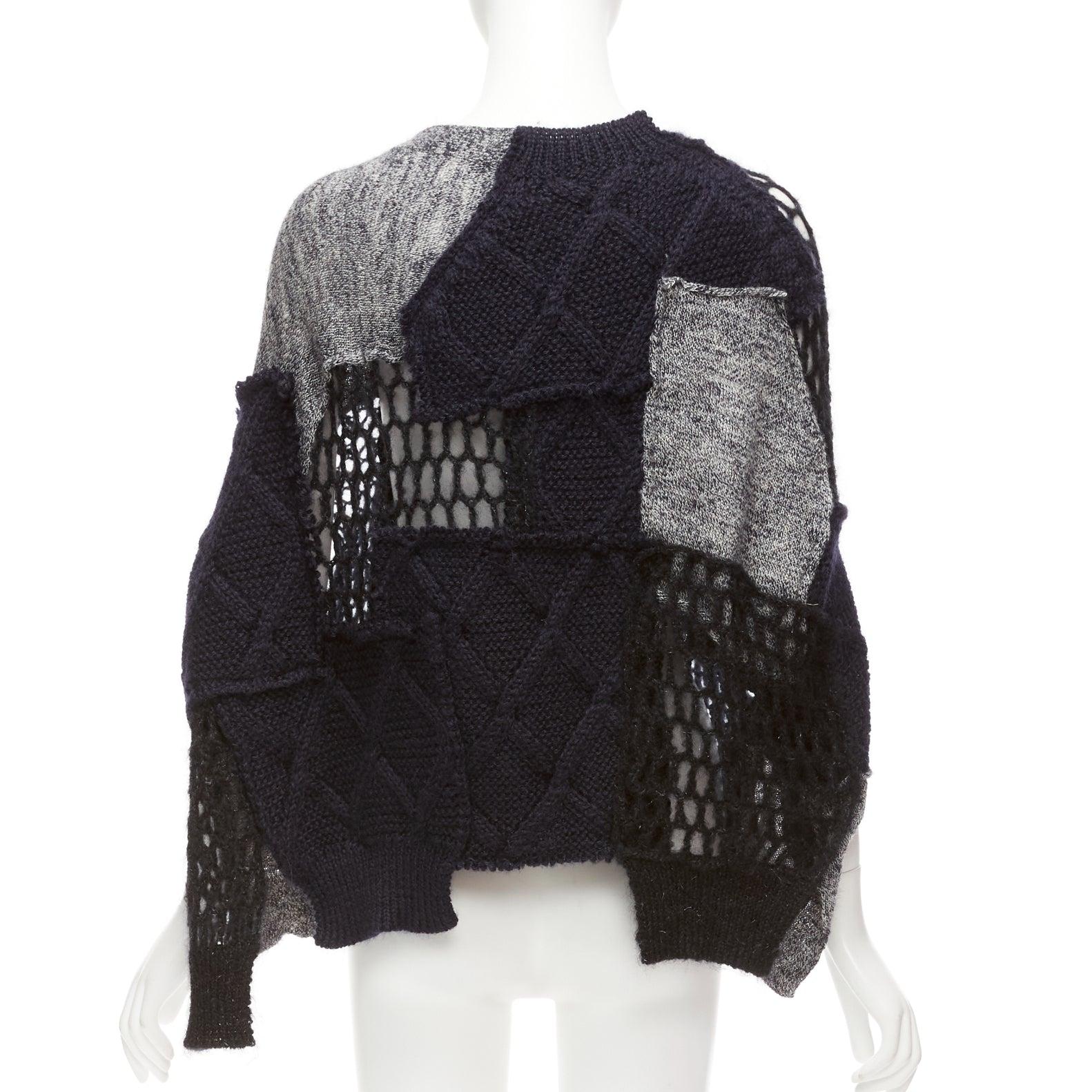 JUNYA WATANABE 2014 navy grey wool mohair blend patchwork loose knit cardigan M Pour femmes en vente