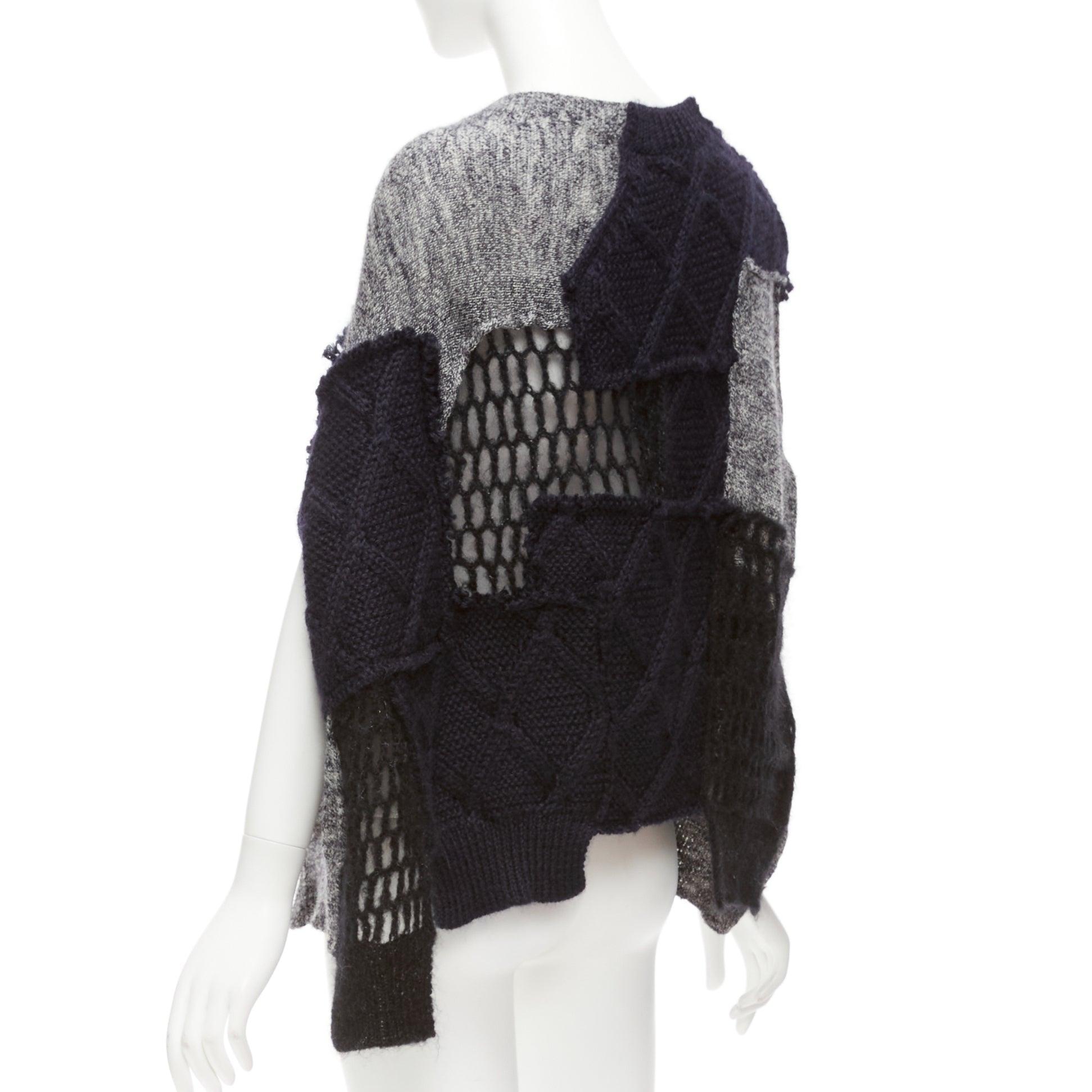 JUNYA WATANABE 2014 navy grey wool mohair blend patchwork loose knit cardigan M For Sale 2