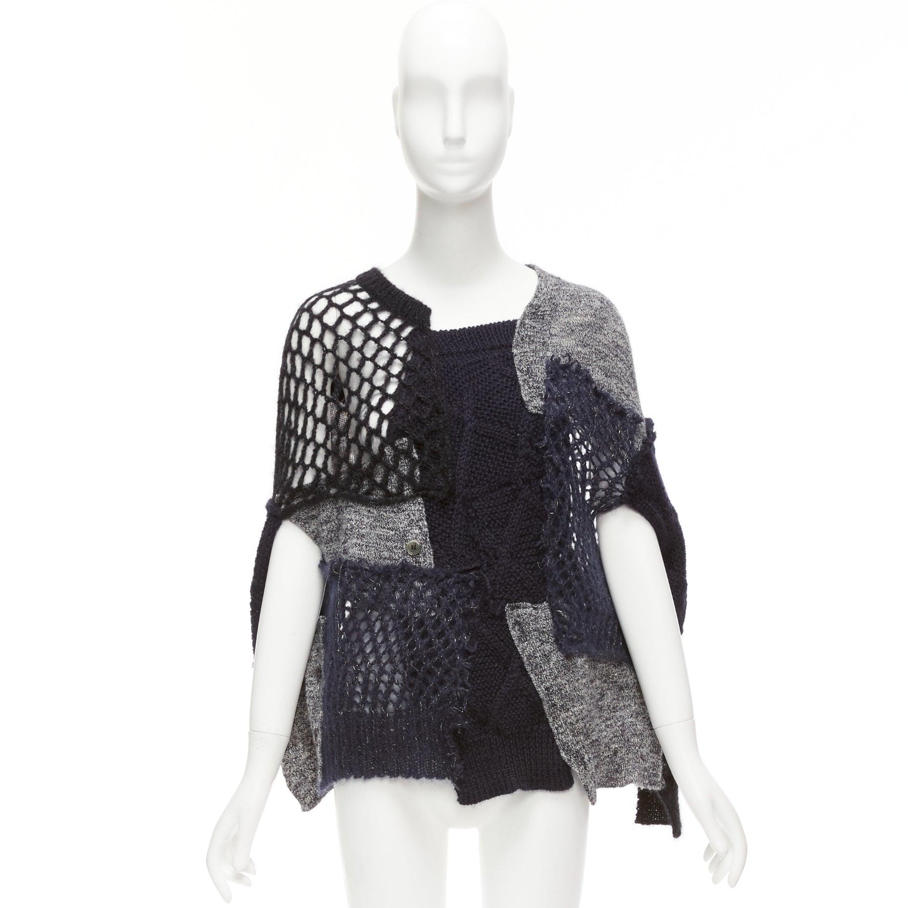 JUNYA WATANABE 2014 navy grey wool mohair blend patchwork loose knit cardigan M en vente 4