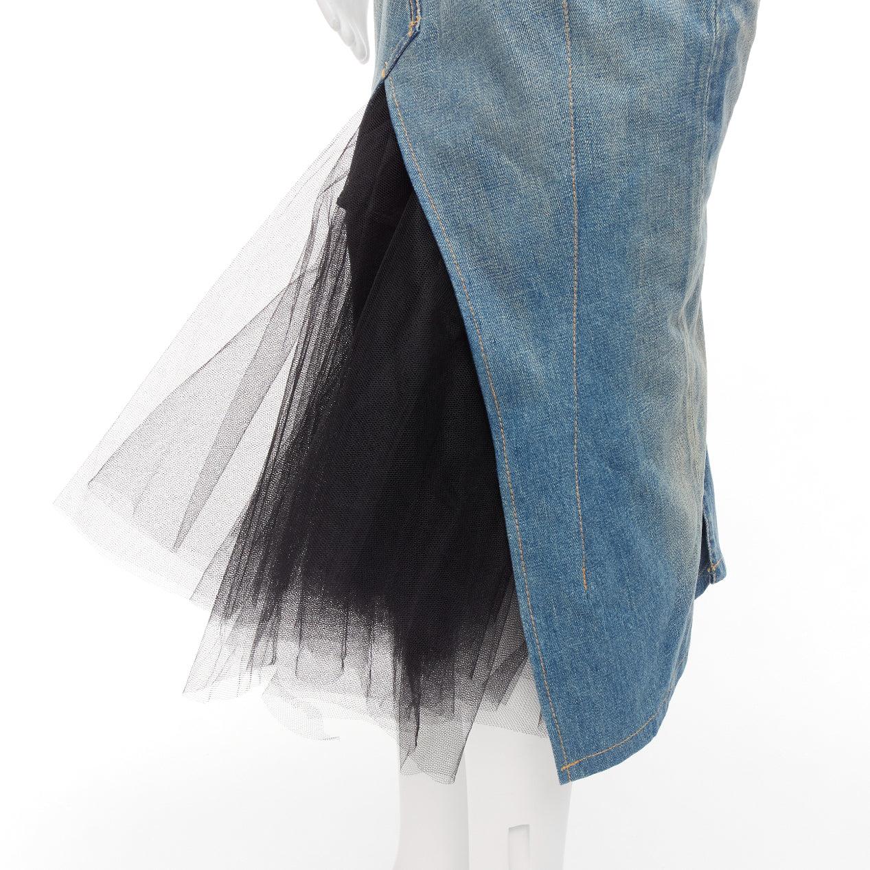 JUNYA WATANABE 2016 blue washed denim black tulle insert back midi skirt S 3