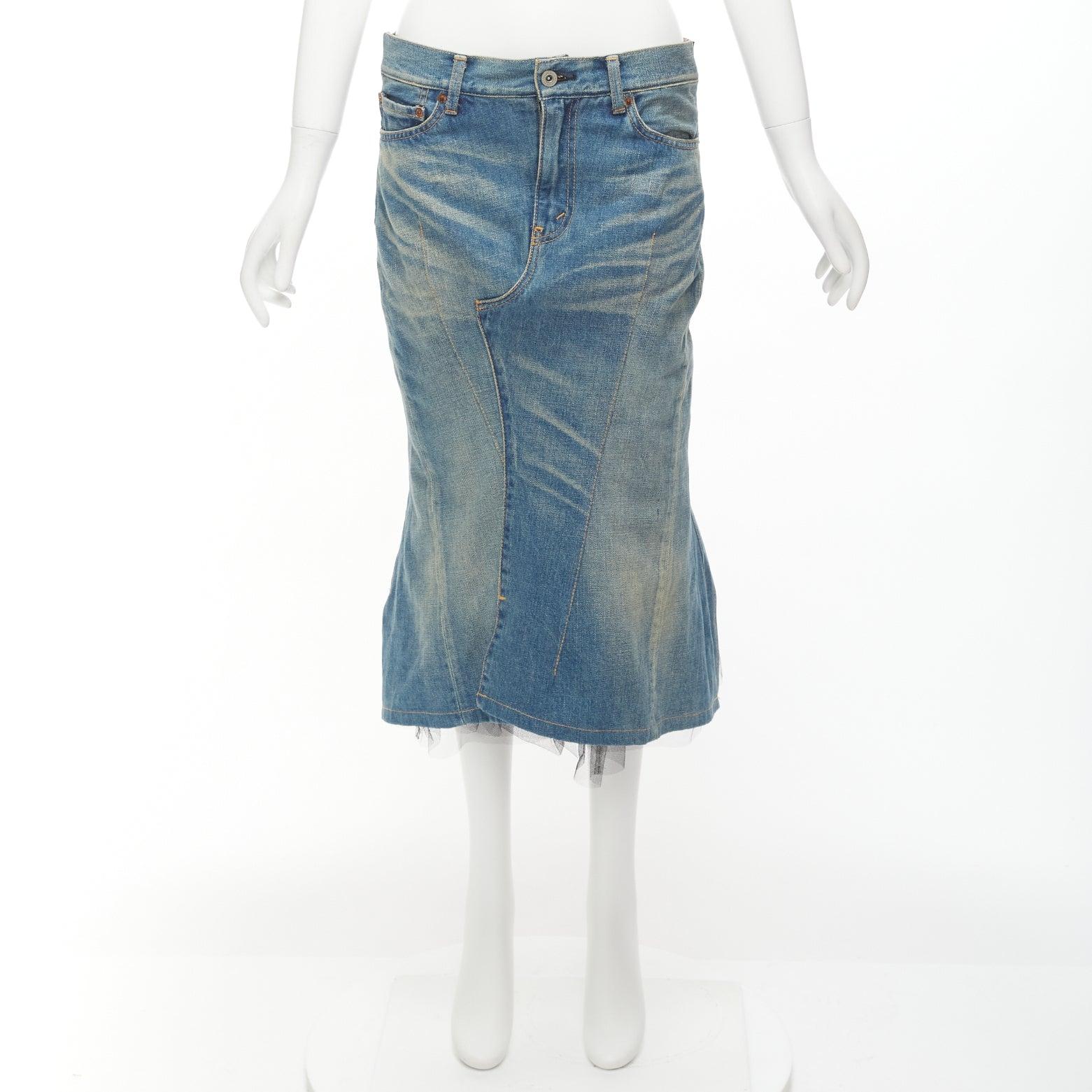 JUNYA WATANABE 2016 blue washed denim black tulle insert back midi skirt S 5