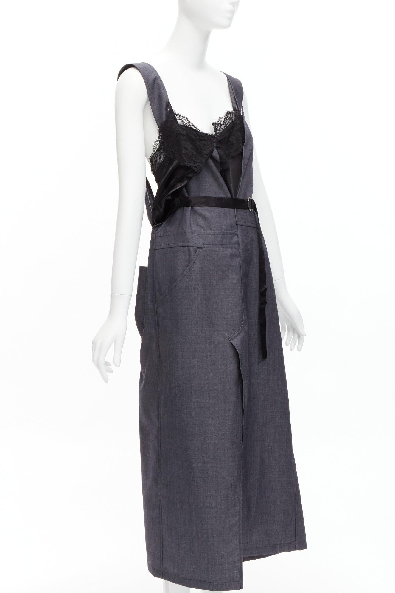 JUNYA WATANABE 2018 100% wool deconstructed lace trim slip dress belted dress M In Excellent Condition In Hong Kong, NT