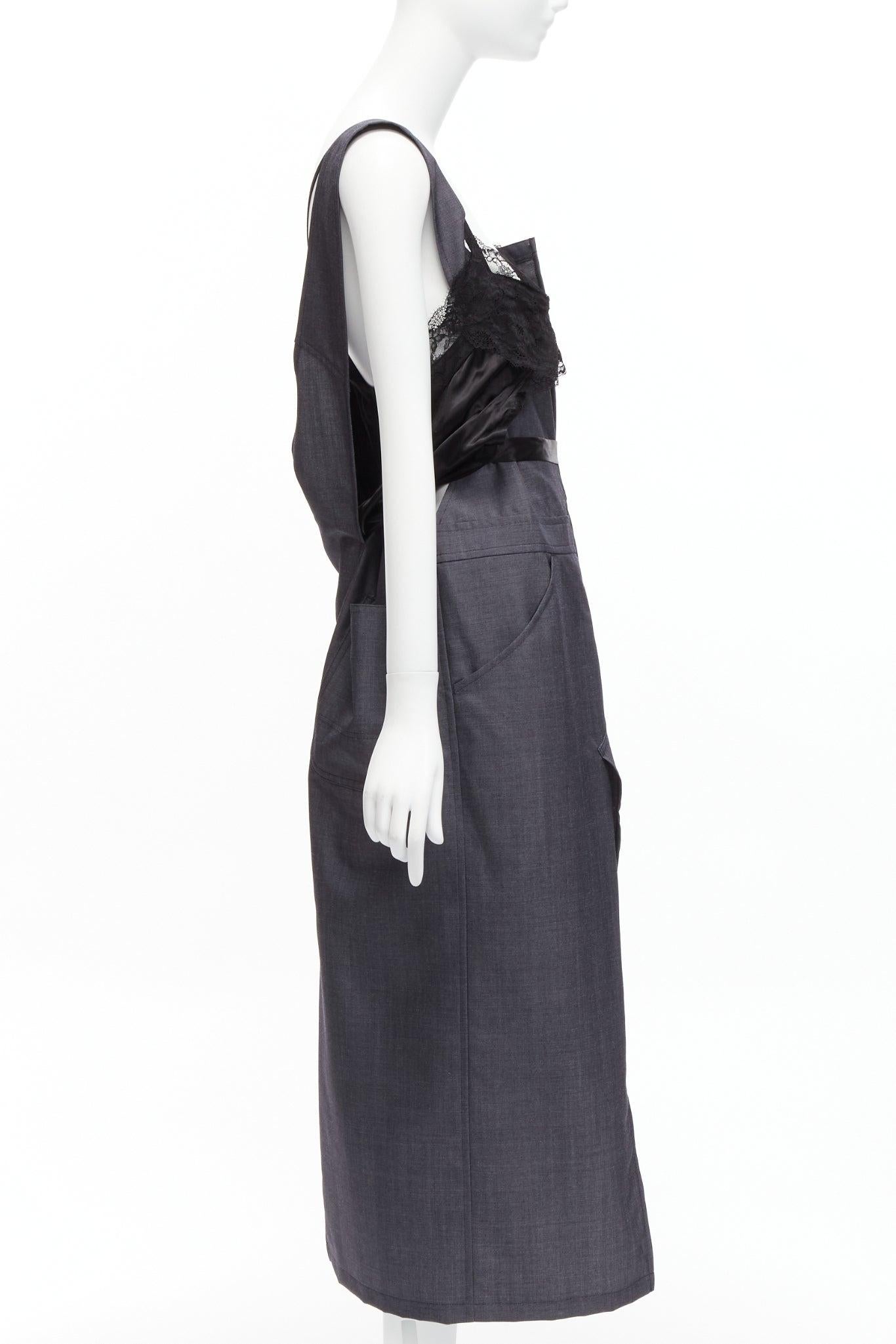 Women's JUNYA WATANABE 2018 100% wool deconstructed lace trim slip dress belted dress M