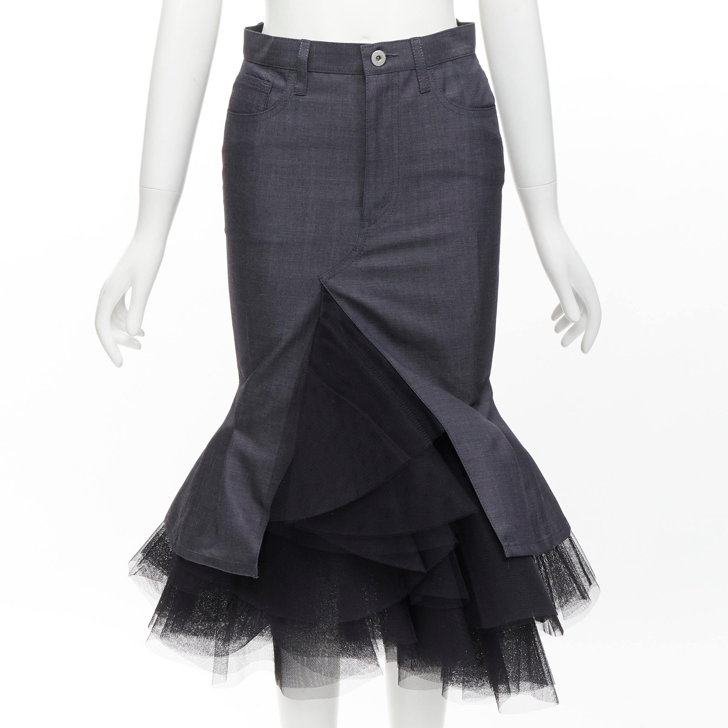 JUNYA WATANABE 2018 grey wool black tulle insert fitted mermaid midi skirt XS In Excellent Condition In Hong Kong, NT