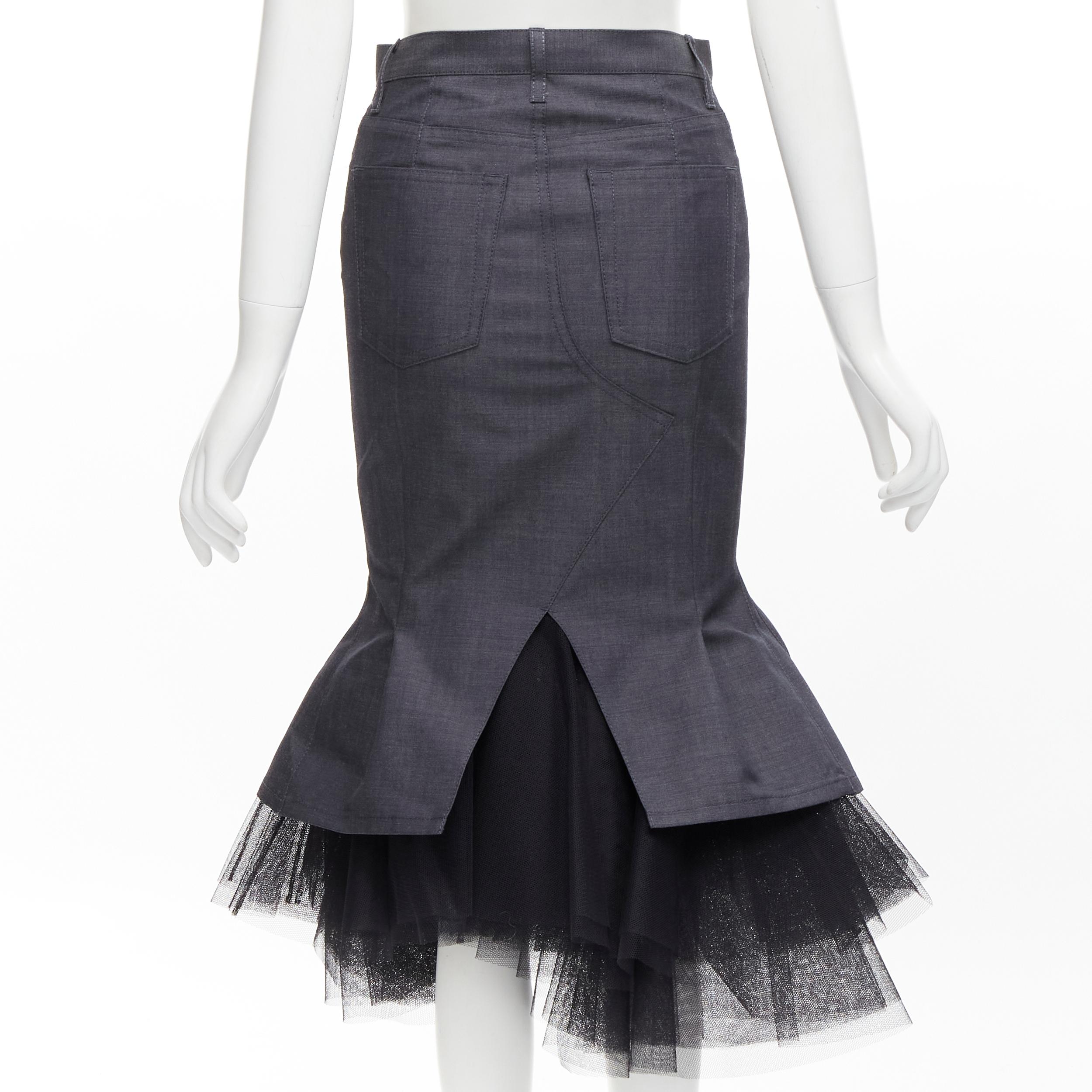 JUNYA WATANABE 2018 grey wool black tulle insert fitted mermaid midi skirt XS 1