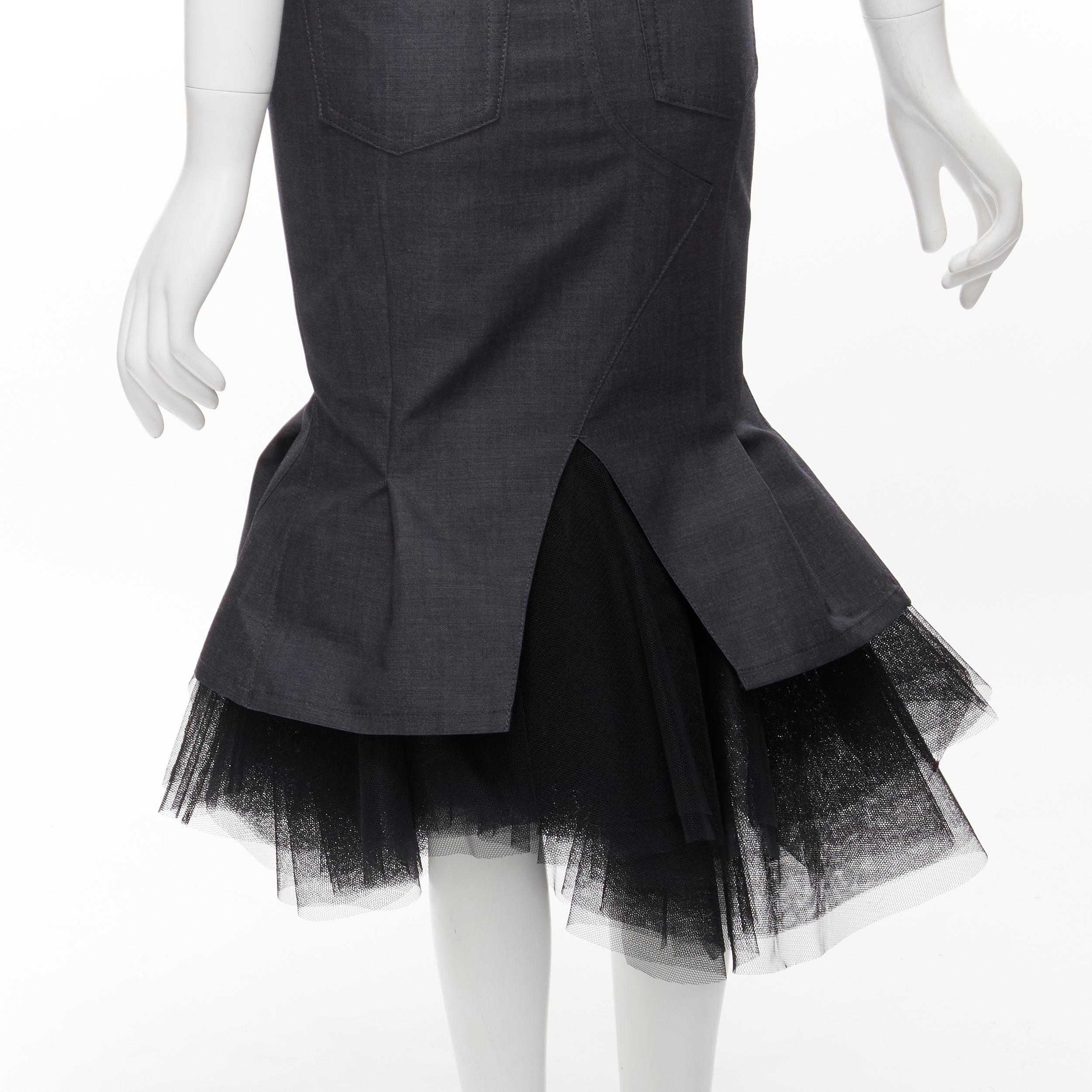 JUNYA WATANABE 2018 grey wool black tulle insert fitted mermaid midi skirt XS 4