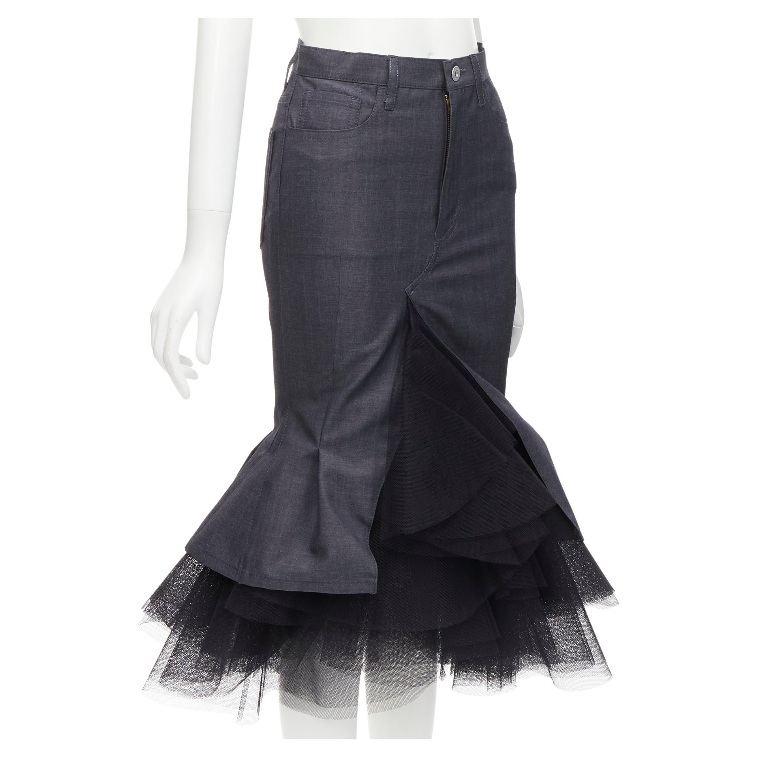 JUNYA WATANABE 2018 grey wool black tulle insert fitted mermaid midi skirt XS