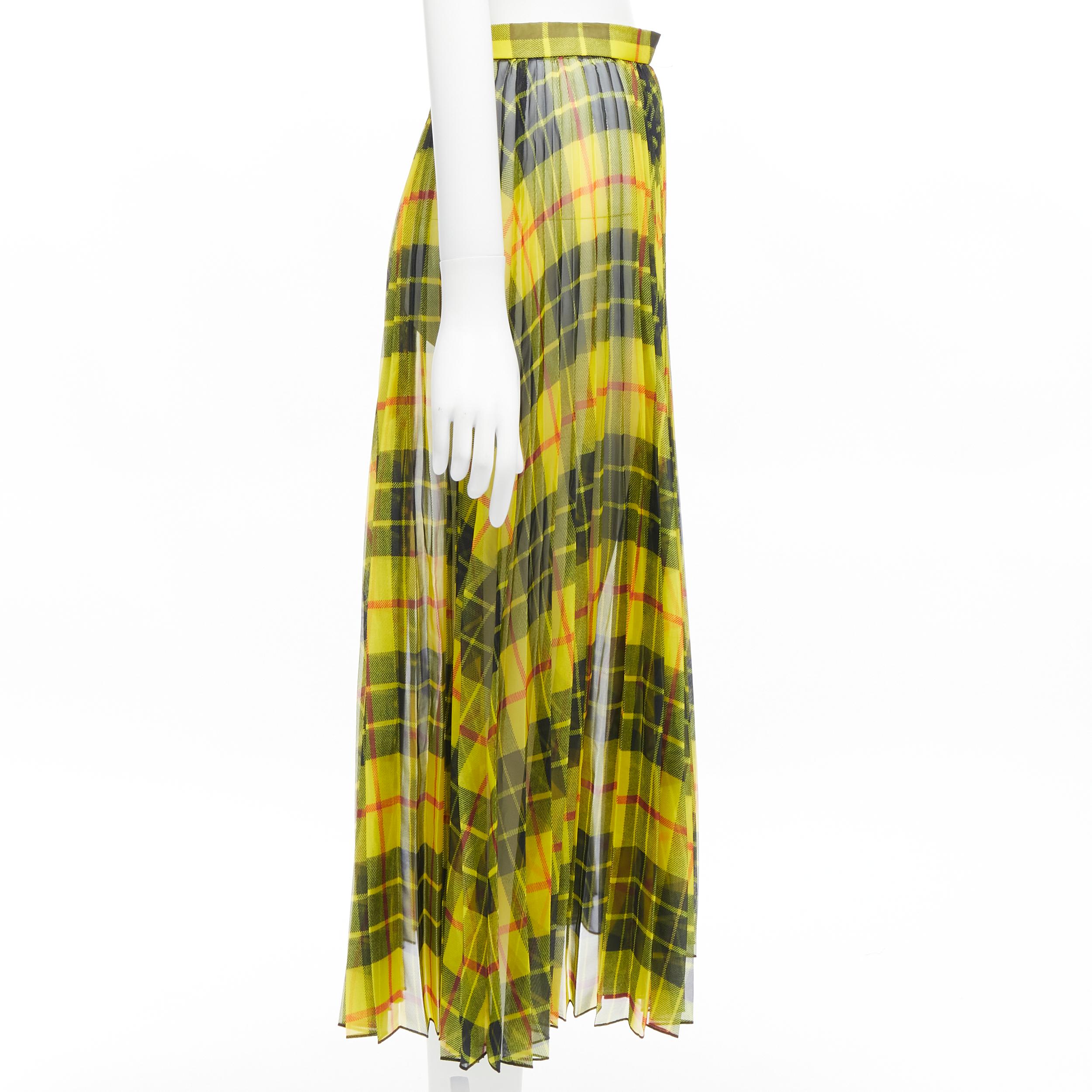 Women's JUNYA WATANABE 2019 yellow sheer Punk plaid tartan pleated midi skirt S For Sale