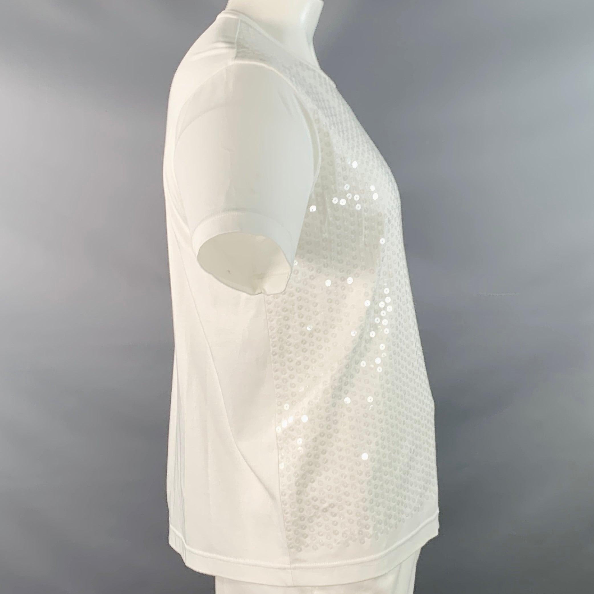 Gris Junya Watanabe 2020 Size L White Sequined Cotton Jersey Crew Neck T-shirt en vente