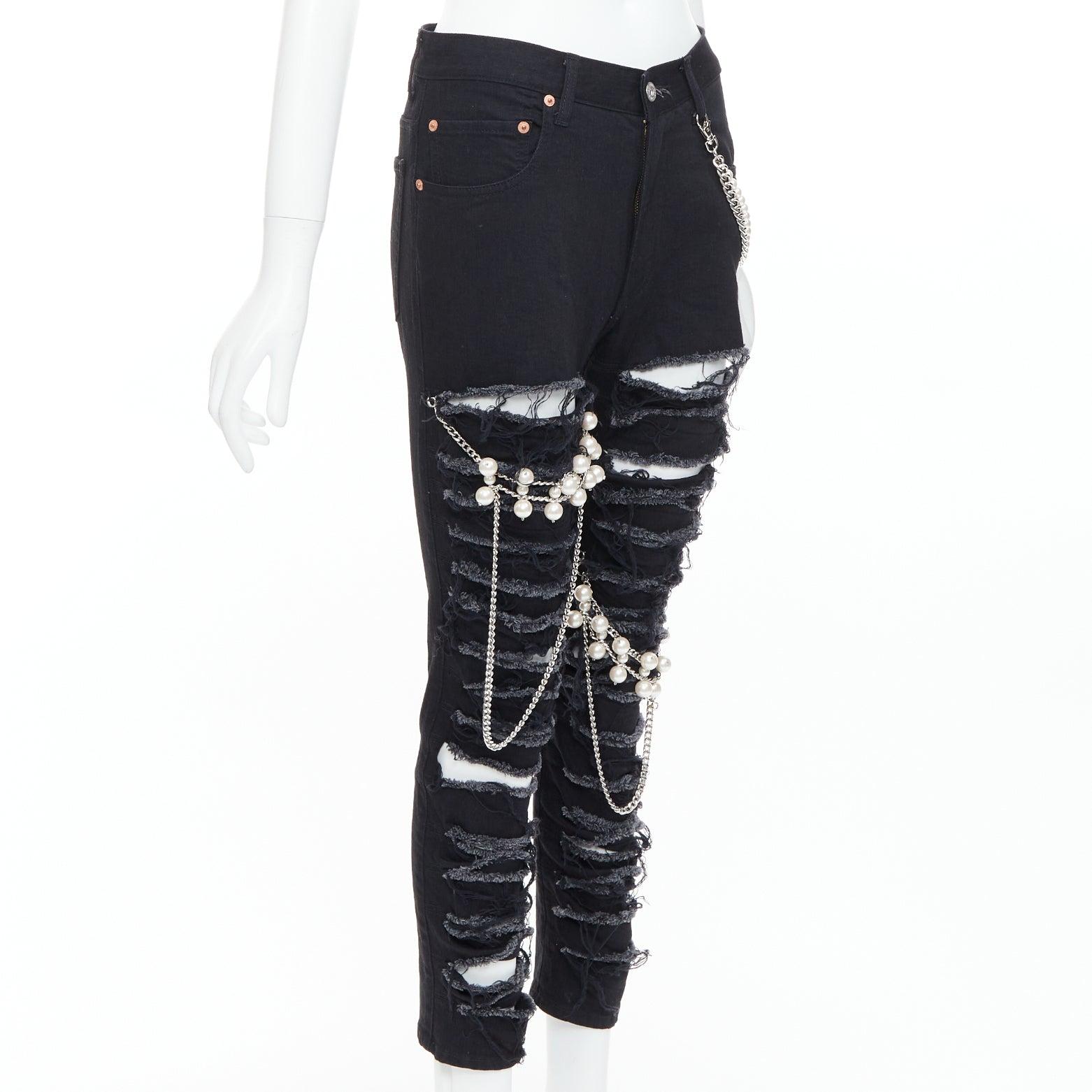 Black JUNYA WATANABE 2022 Punk black pearl chain chain destroyed ripped jeans XS