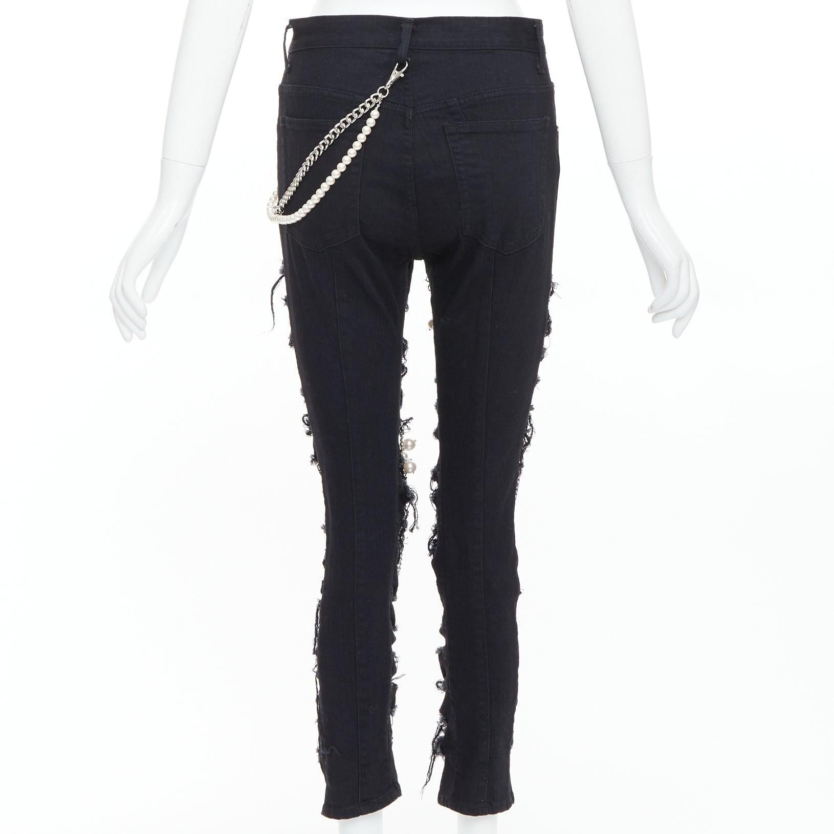 Women's JUNYA WATANABE 2022 Punk black pearl chain chain destroyed ripped jeans XS