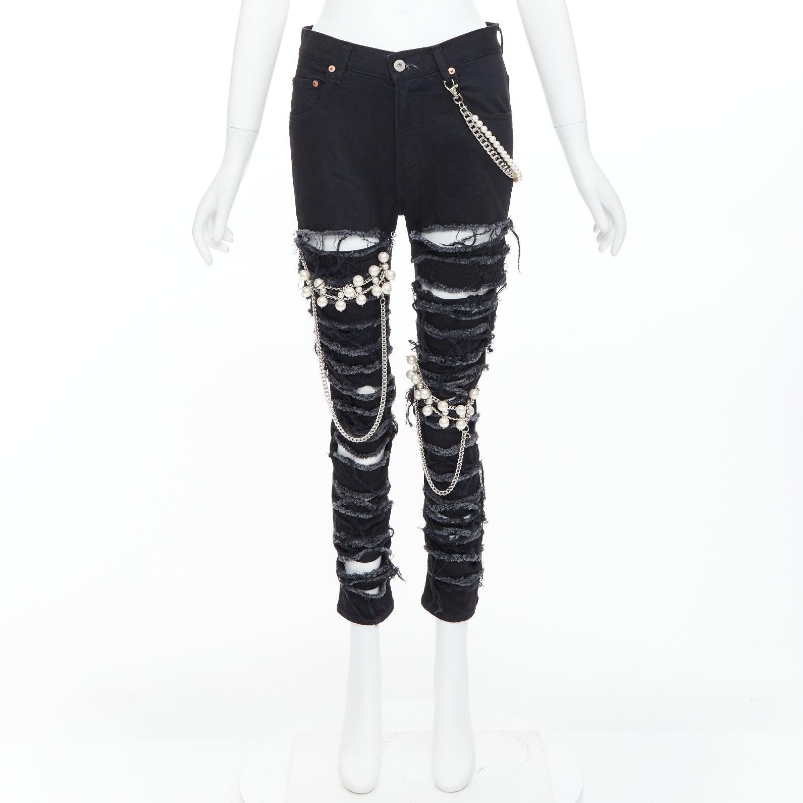 JUNYA WATANABE 2022 Punk black pearl chain chain destroyed ripped jeans XS 4