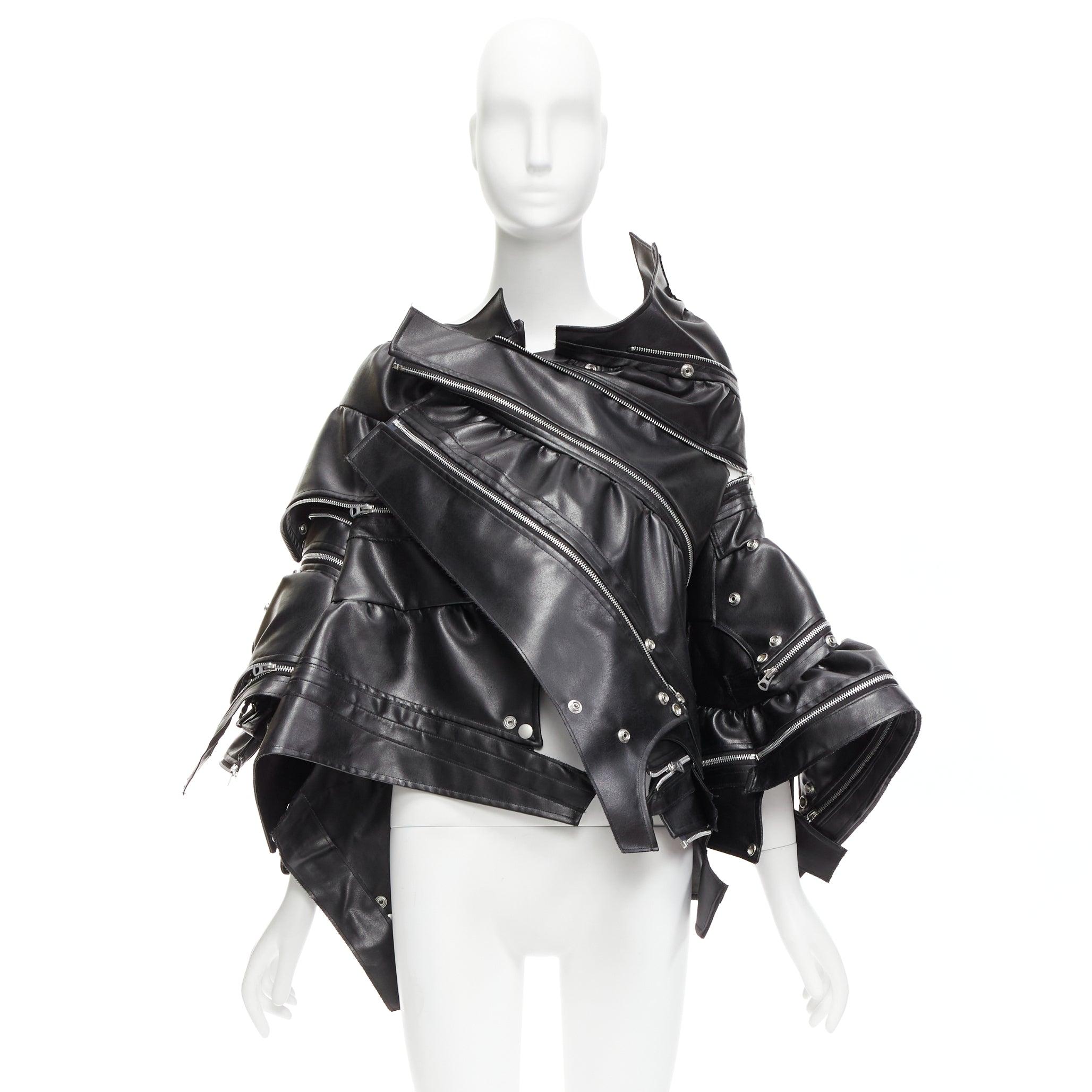 JUNYA WATANABE 2022 Runway black zip pleather deconstructed cape coat XS For Sale 9