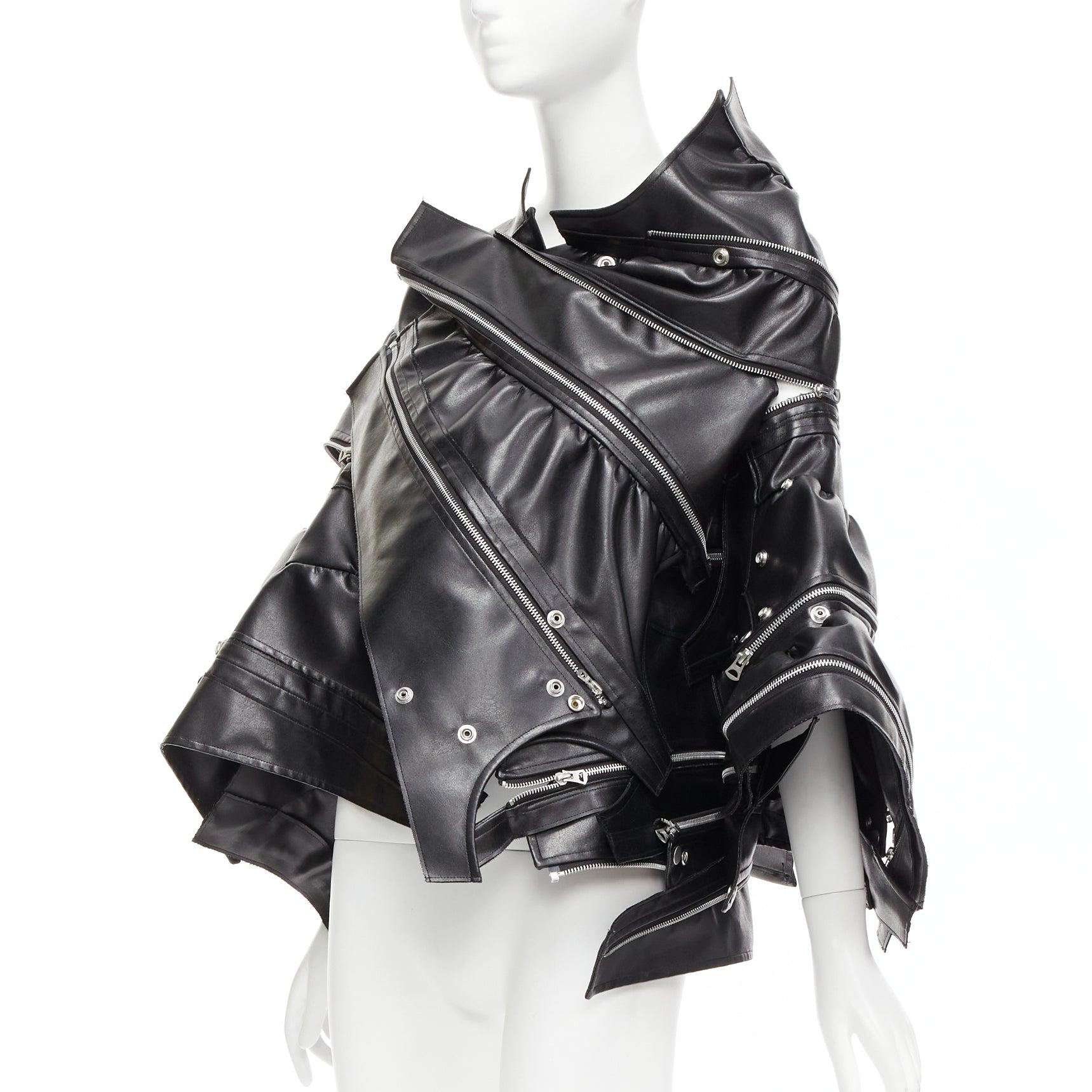JUNYA WATANABE 2022 Runway black zip pleather deconstructed cape coat XS For Sale 2