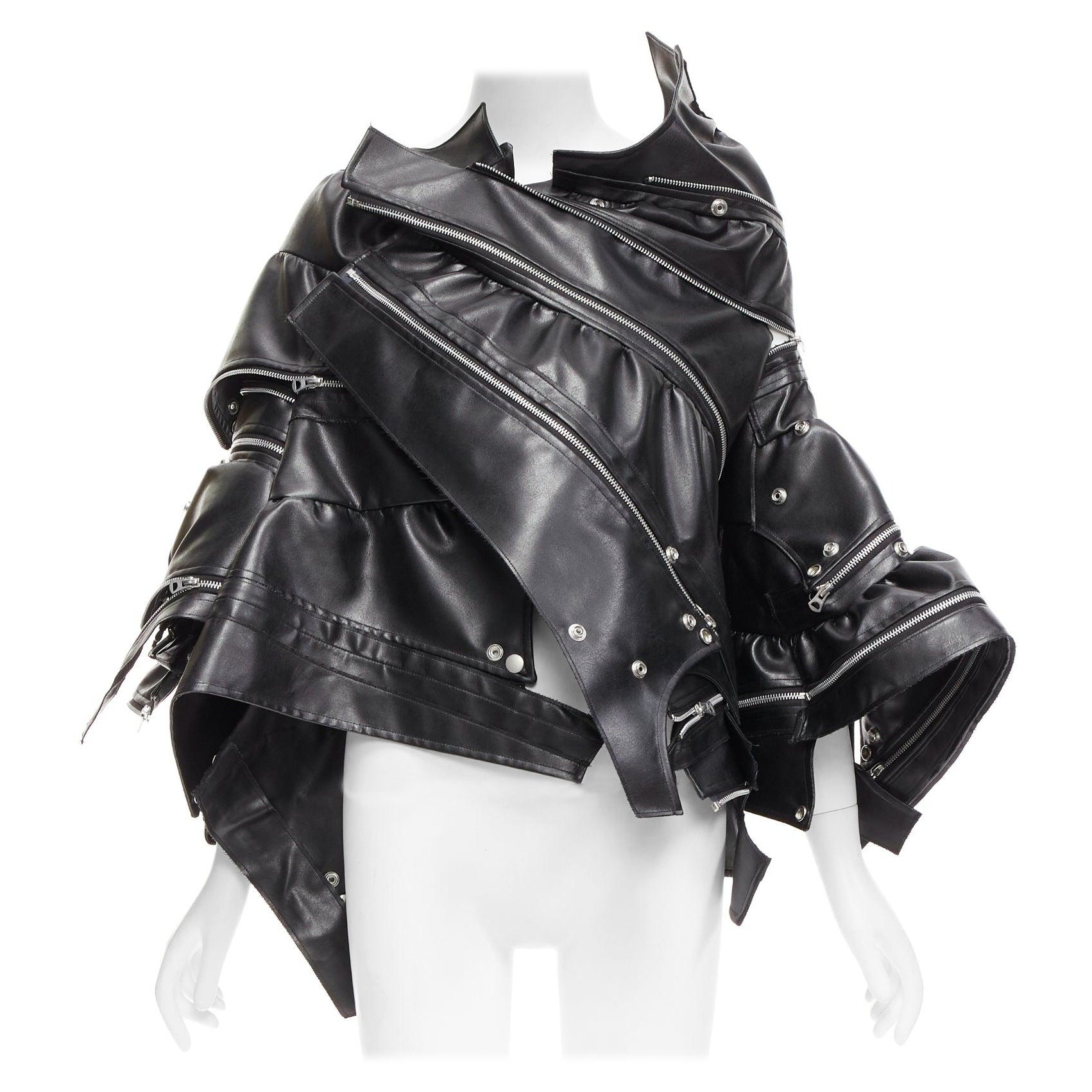 JUNYA WATANABE 2022 Runway black zip pleather deconstructed cape coat XS