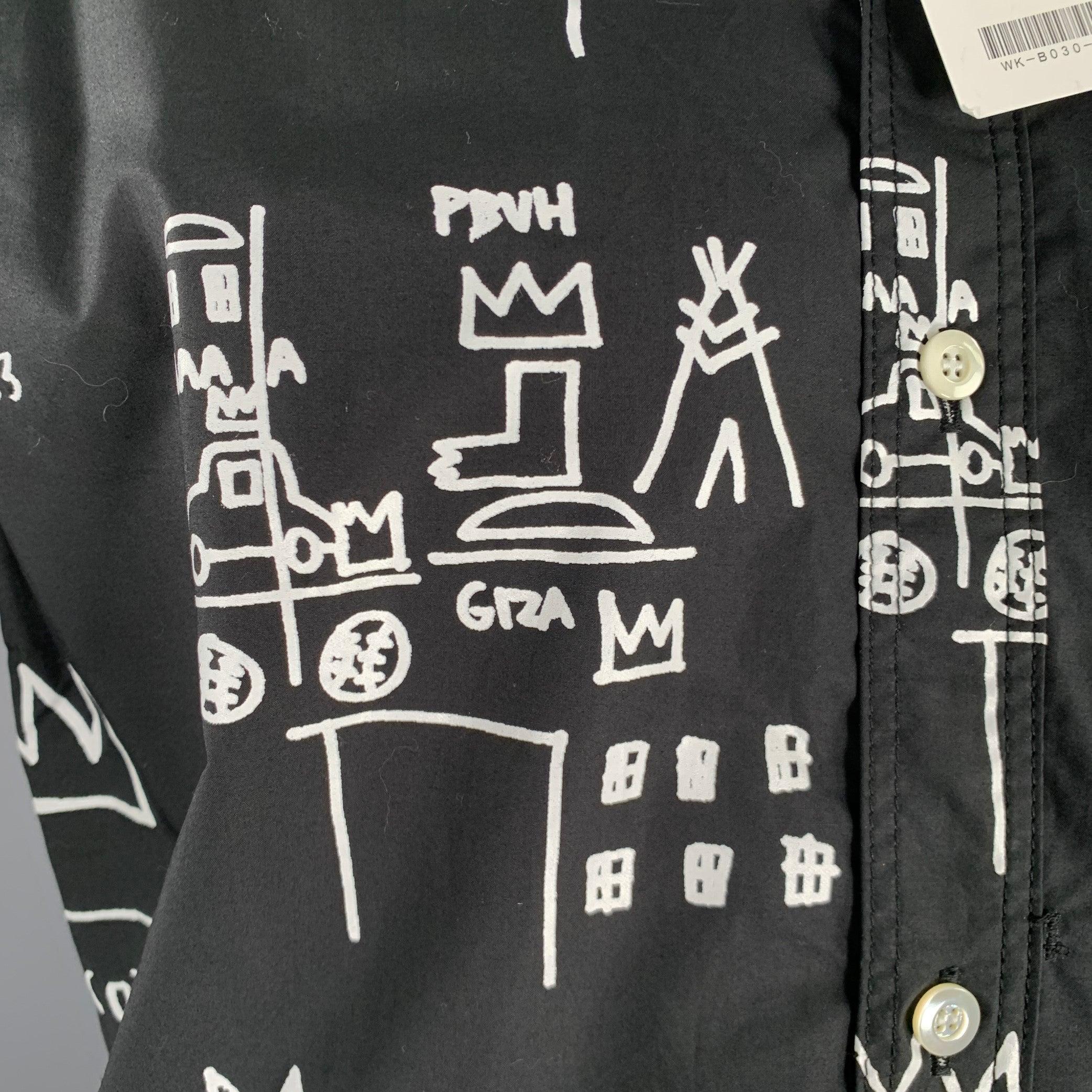 JUNYA WATANABE 2022 XL Schwarz-Weißes Kurzarmhemd aus grafischer Baumwolle mit Basquiat-Druck im Angebot 1