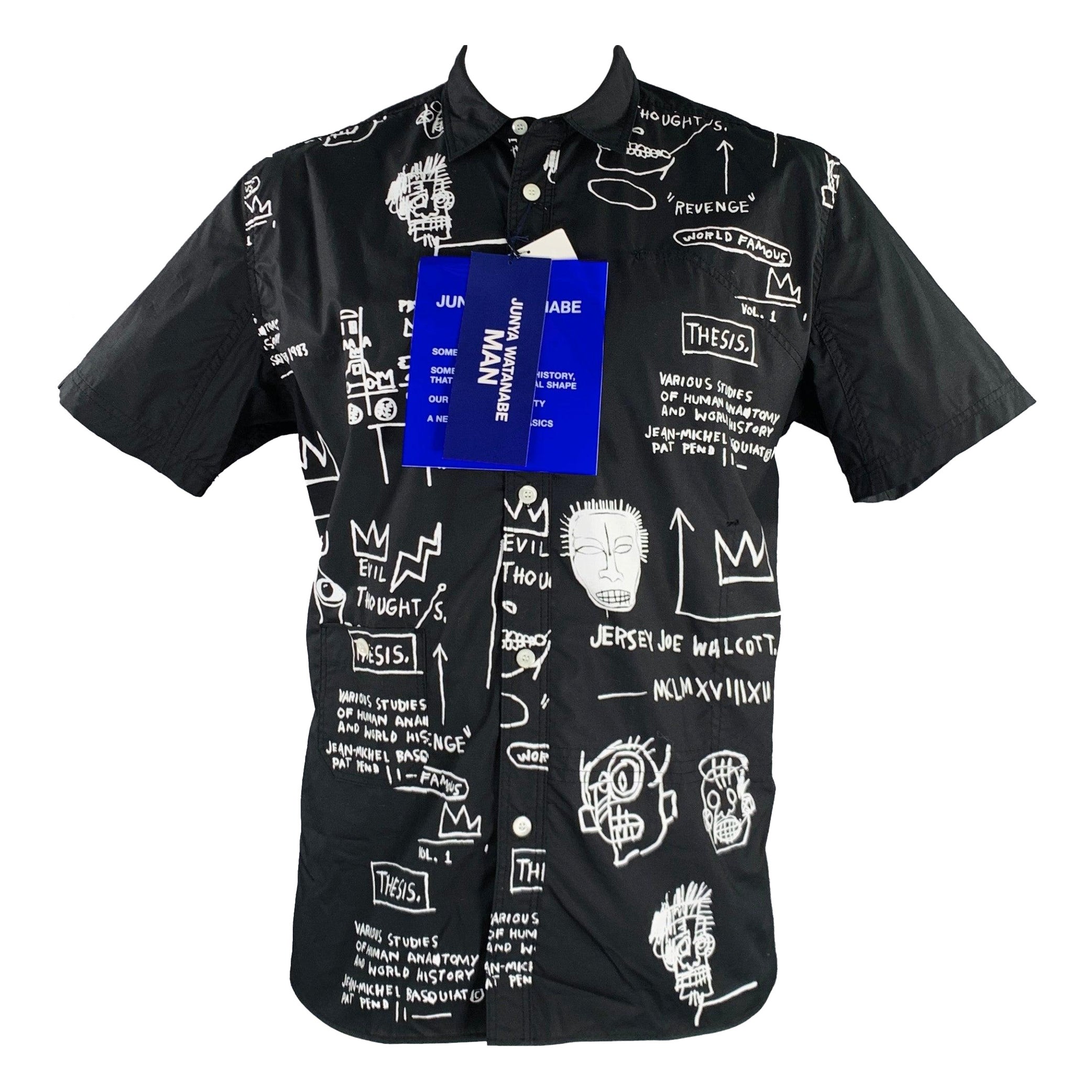 JUNYA WATANABE 2022 XL Schwarz-Weißes Kurzarmhemd aus grafischer Baumwolle mit Basquiat-Druck im Angebot