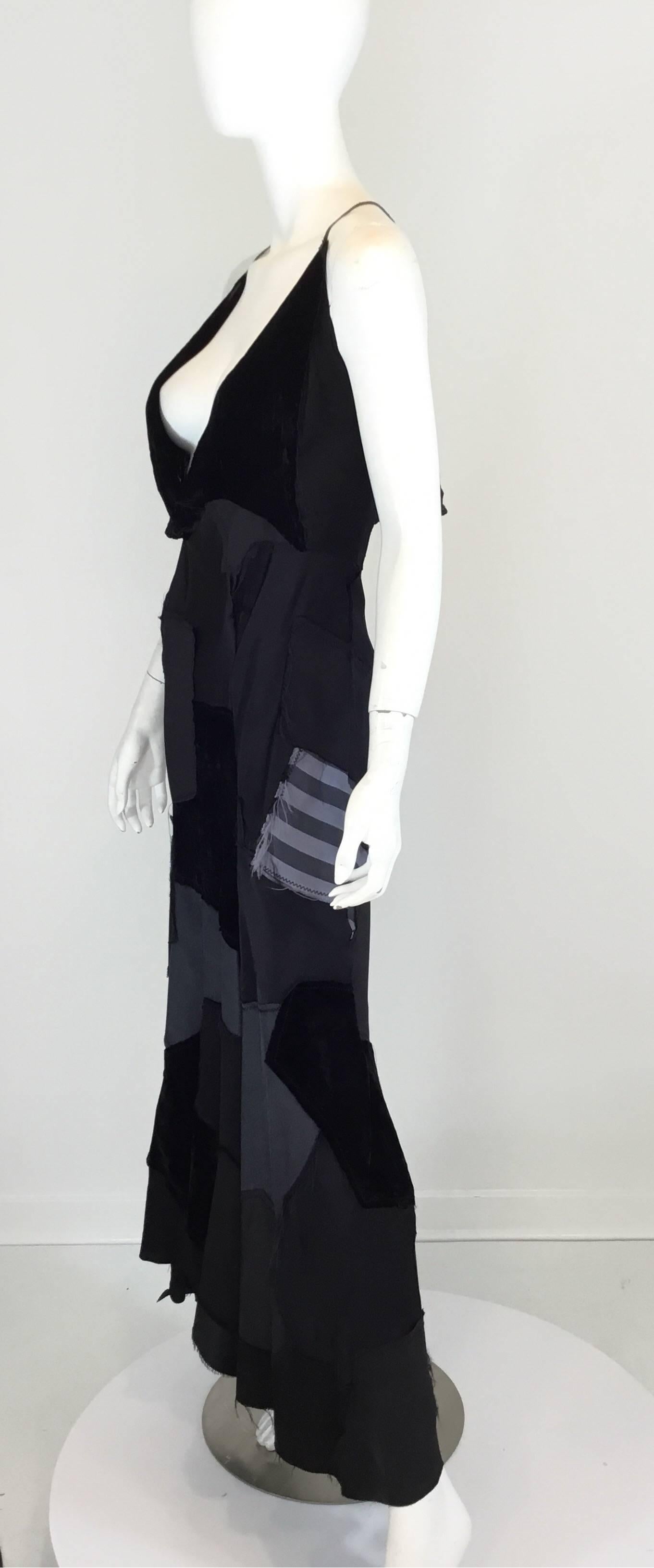 Junya Watanabe slip dress from the 2002 Runway features a patchwork design throughout, silk and velvet fabric, back zipper and hook and eye fastening, flat leather shoulder straps. Labeled a size M, made of 50% polyester, 42% rayon, and 9% silk.