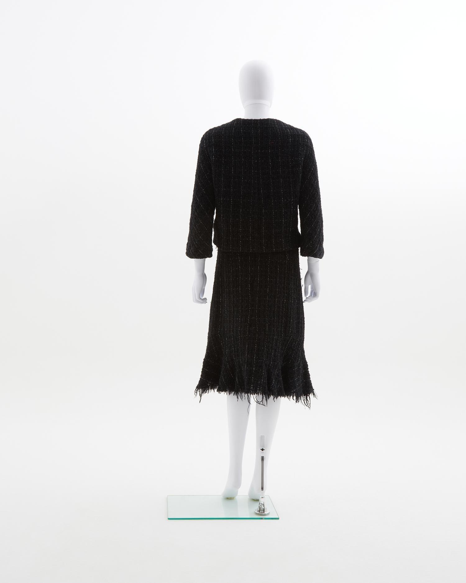Black Junya Watanabe black fringe tweed jacket & skirt set, fw 2003 For Sale