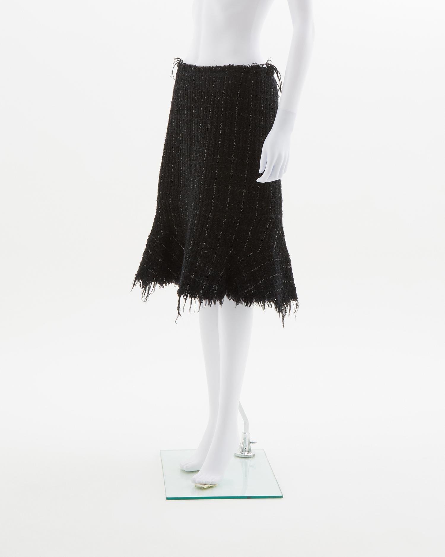 Women's Junya Watanabe black fringe tweed jacket & skirt set, fw 2003 For Sale