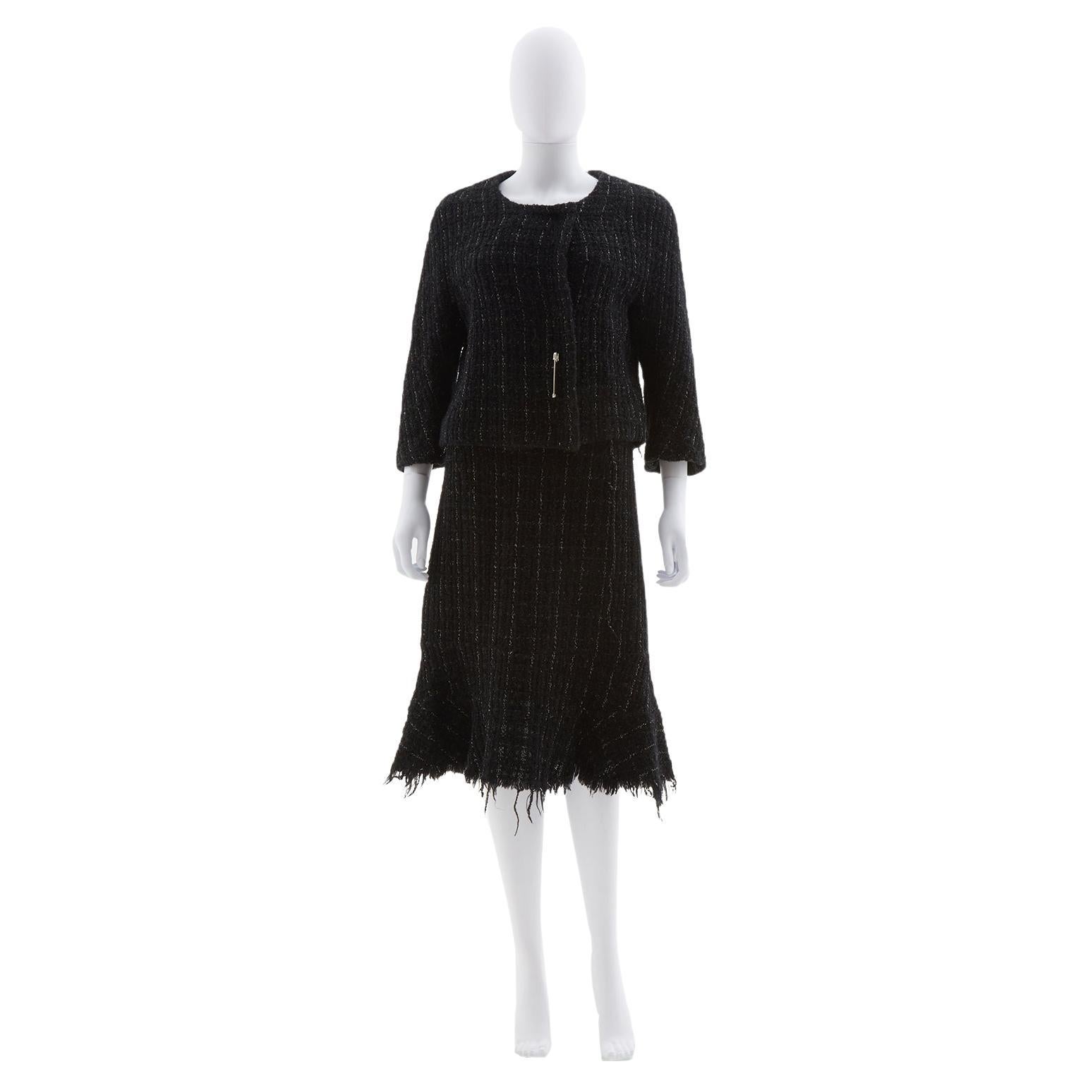 Junya Watanabe black fringe tweed jacket & skirt set, fw 2003 For Sale