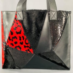 JUNYA WATANABE Black Red Mixed Materials Faux Fur Tote Handbag