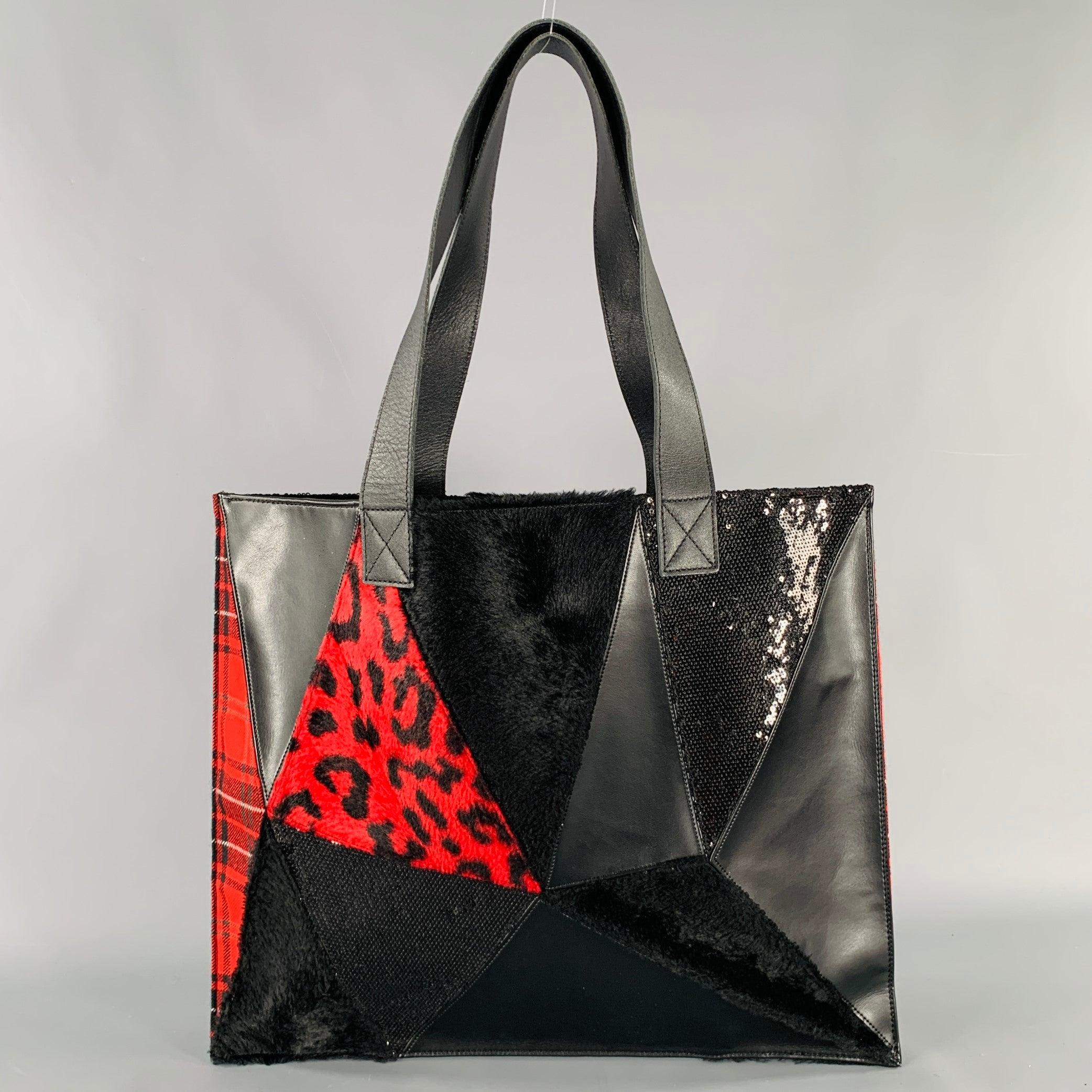 Men's JUNYA WATANABE Black Red Mixed Materials Faux Fur Tote Handbag For Sale