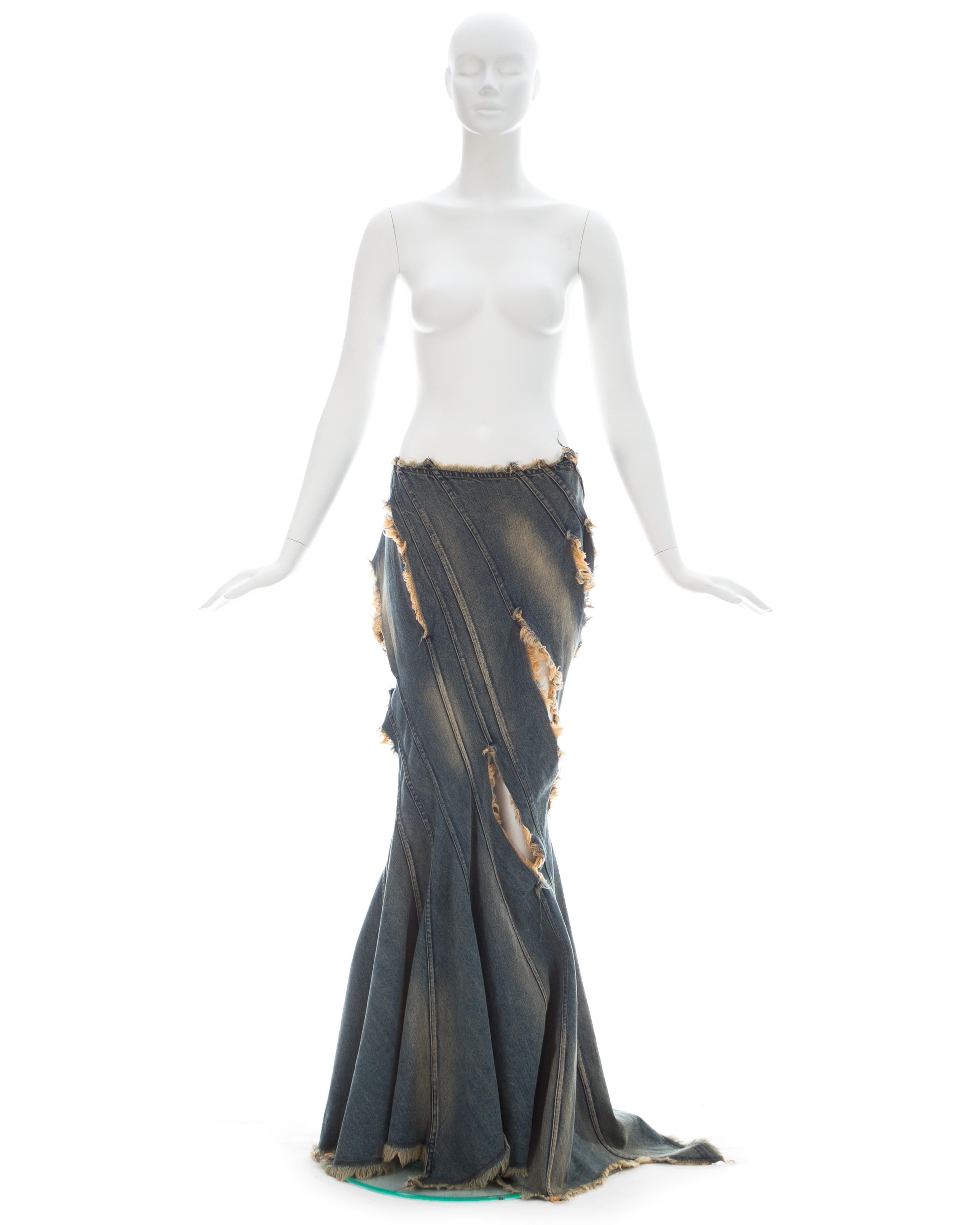Junya Watanabe; Blue denim bias cut fishtail skirt with frayed trim and cut outs

Spring-Summer 2002