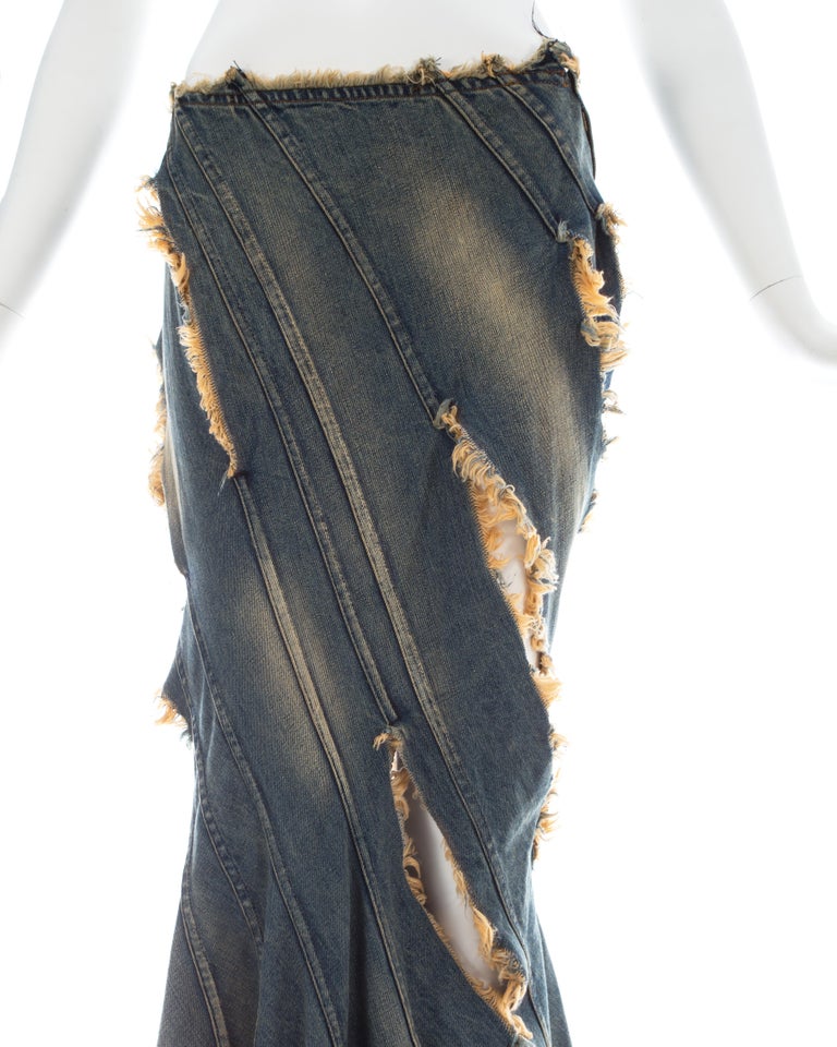 Junya Watanabe blue denim fishtail bias cut skirt with frayed cut outs ...