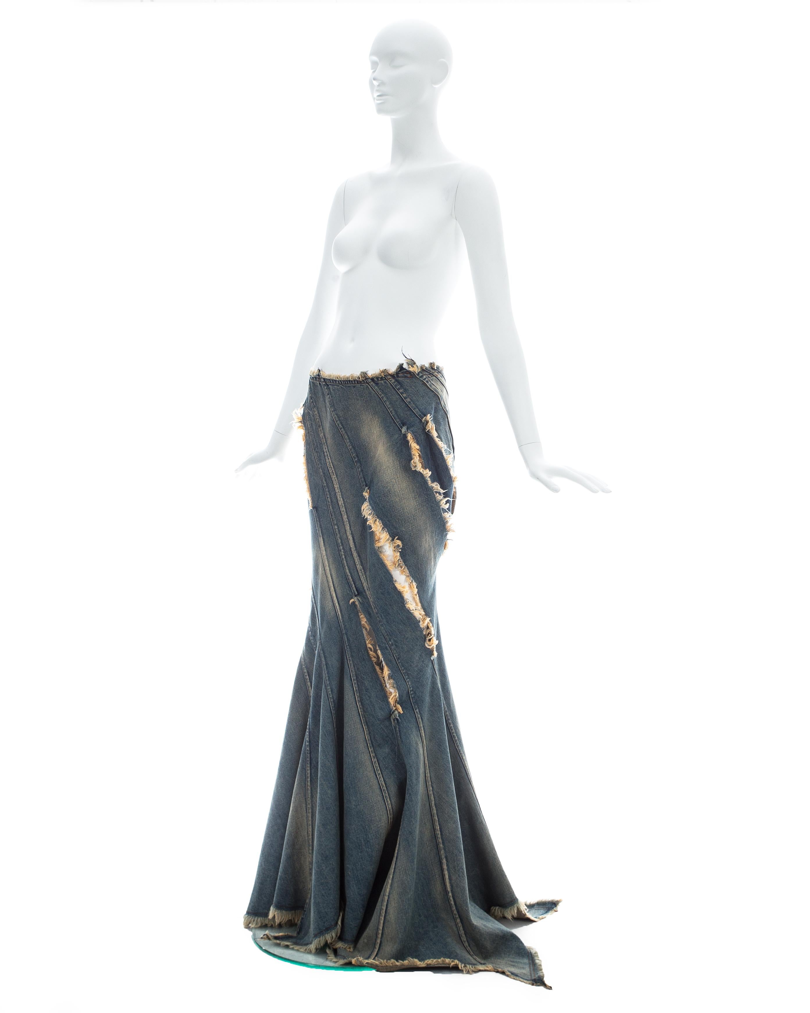 Junya Watanabe blue denim fishtail bias cut skirt with frayed cut outs, ss 2002 In Good Condition In London, GB