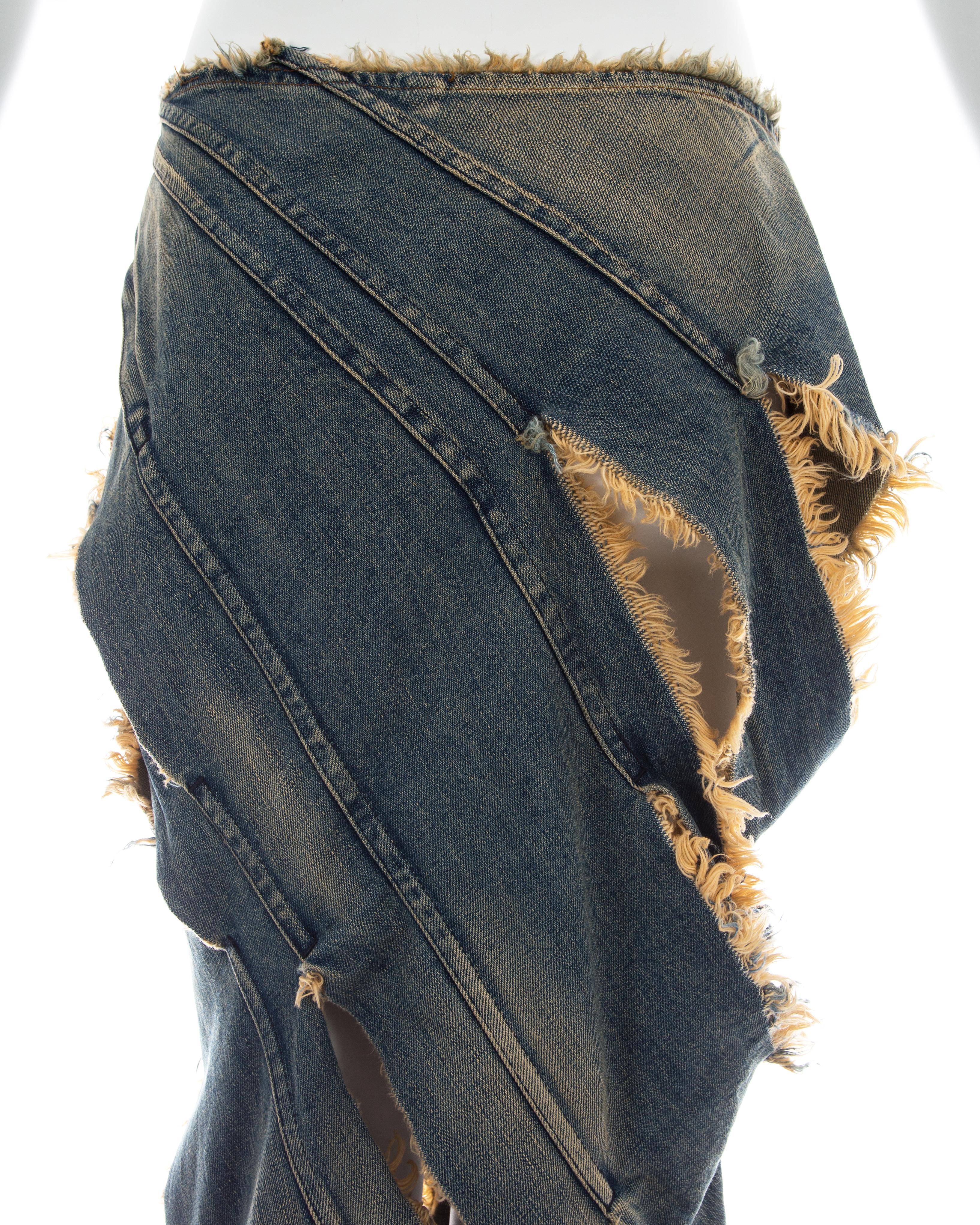 Junya Watanabe blue denim fishtail bias cut skirt with frayed cut outs, ss 2002 1