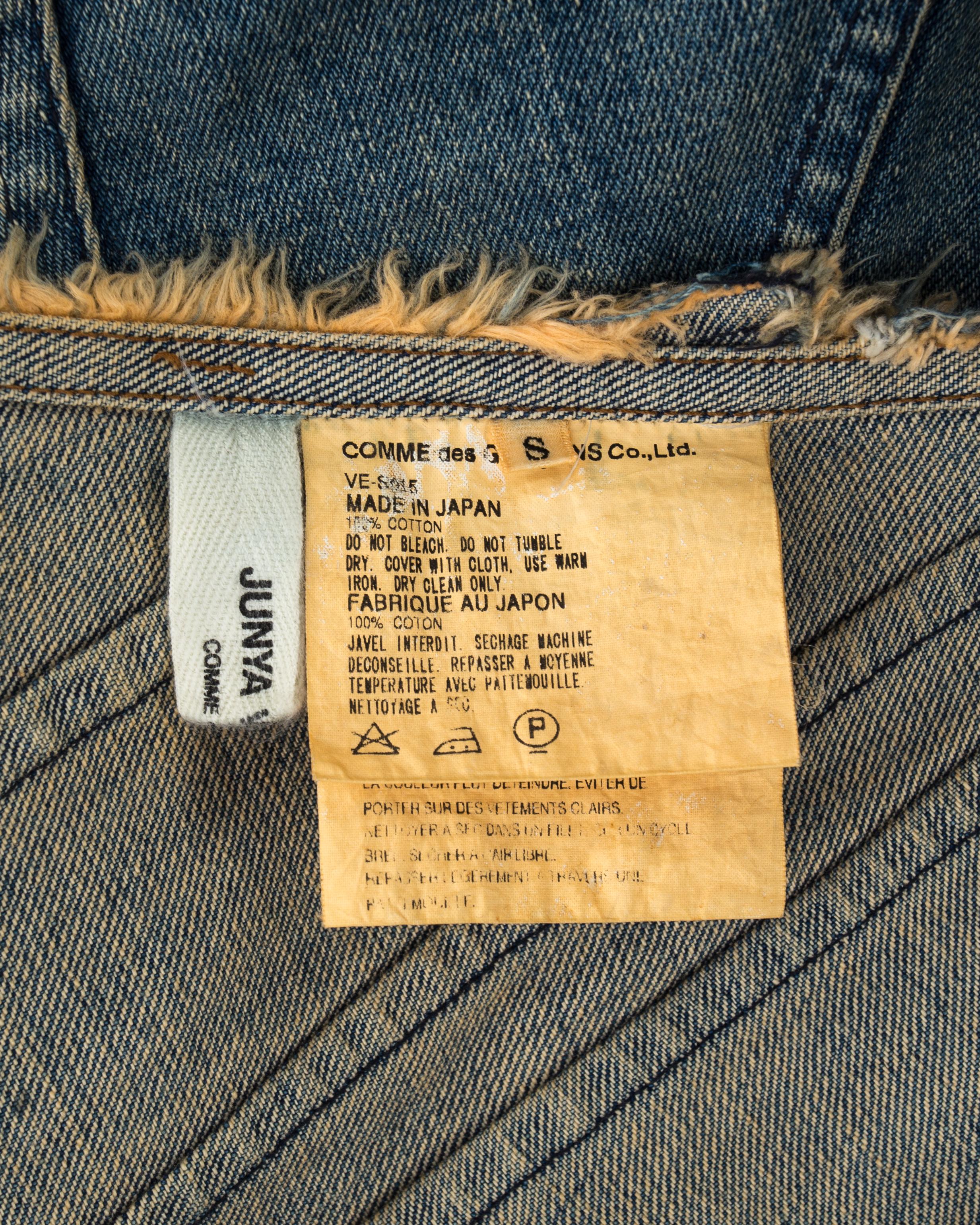 Junya Watanabe blue denim fishtail bias cut skirt with frayed cut outs, ss 2002 2