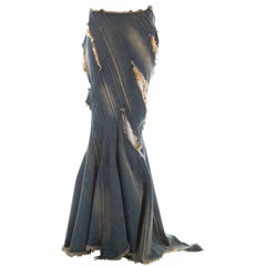 Junya Watanabe blue denim fishtail bias cut skirt with frayed cut outs, ss 2002