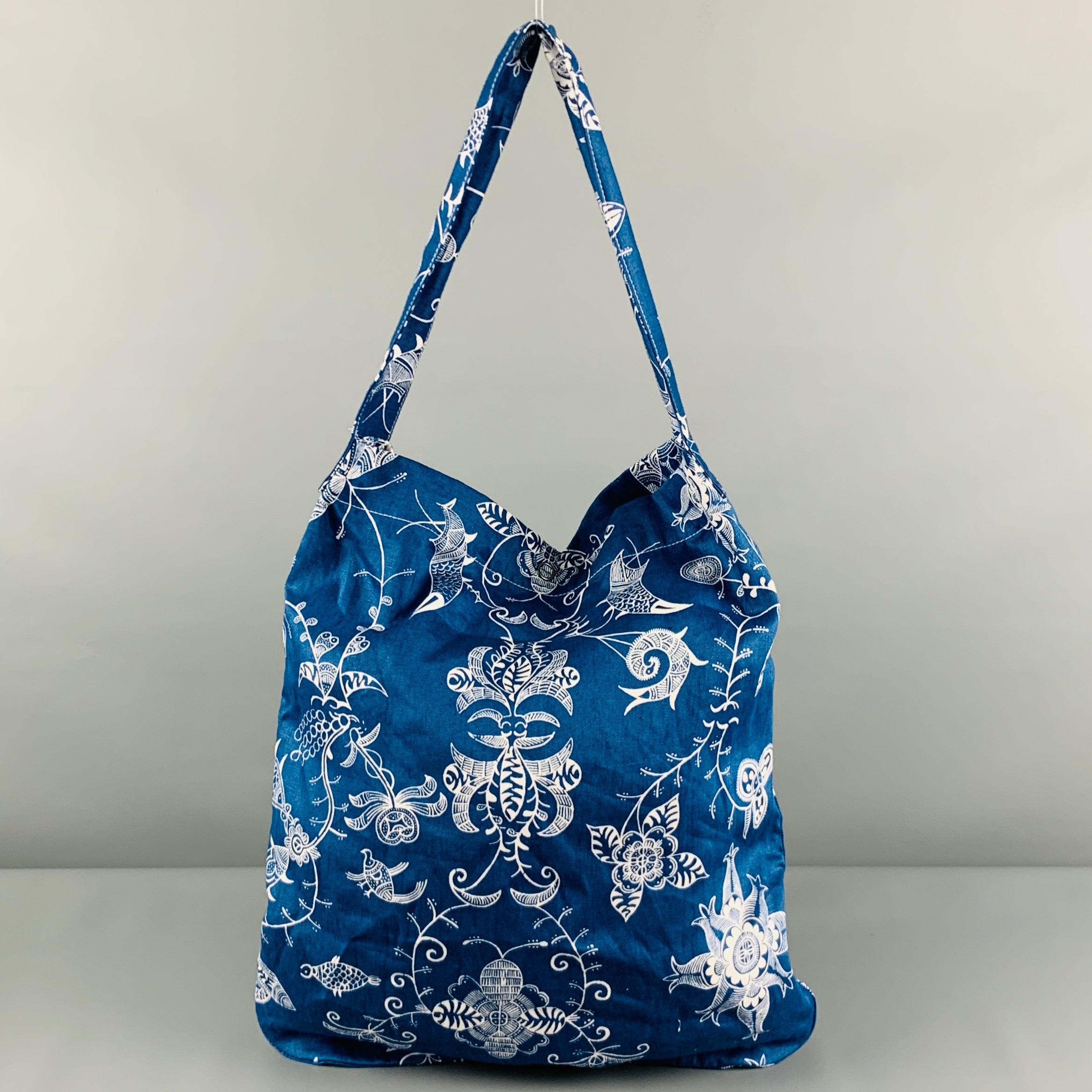 Junya Watanabe Bleu Blanc Abstrait Floral Linen Tote Bag Bon état - En vente à San Francisco, CA