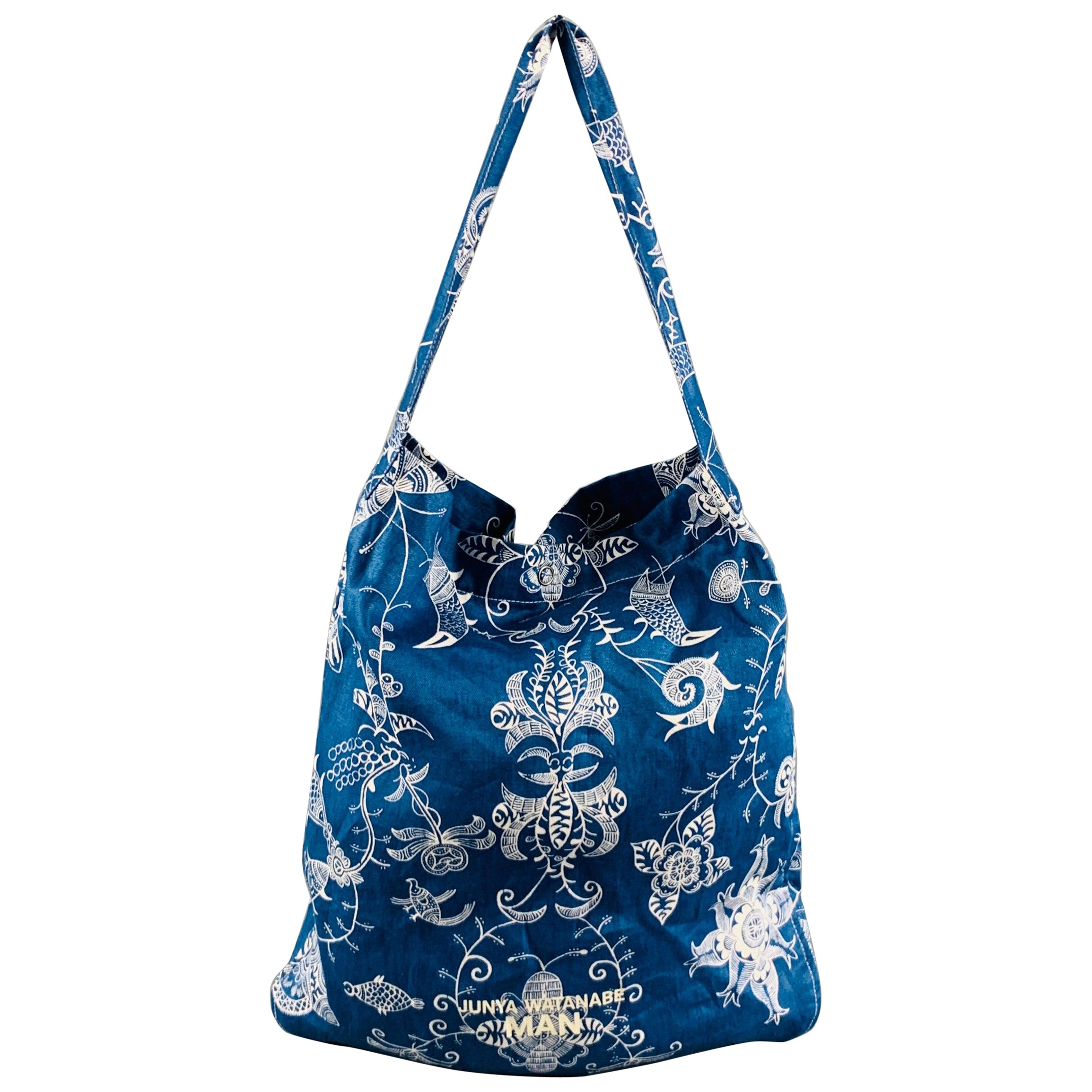 JUNYA WATANABE Blue White Abstract Floral Linen Tote Bag