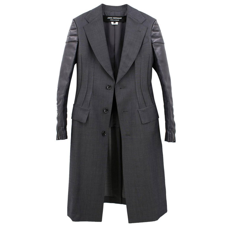 Junya Watanabe charcoal wool and faux leather coat For Sale at 1stdibs