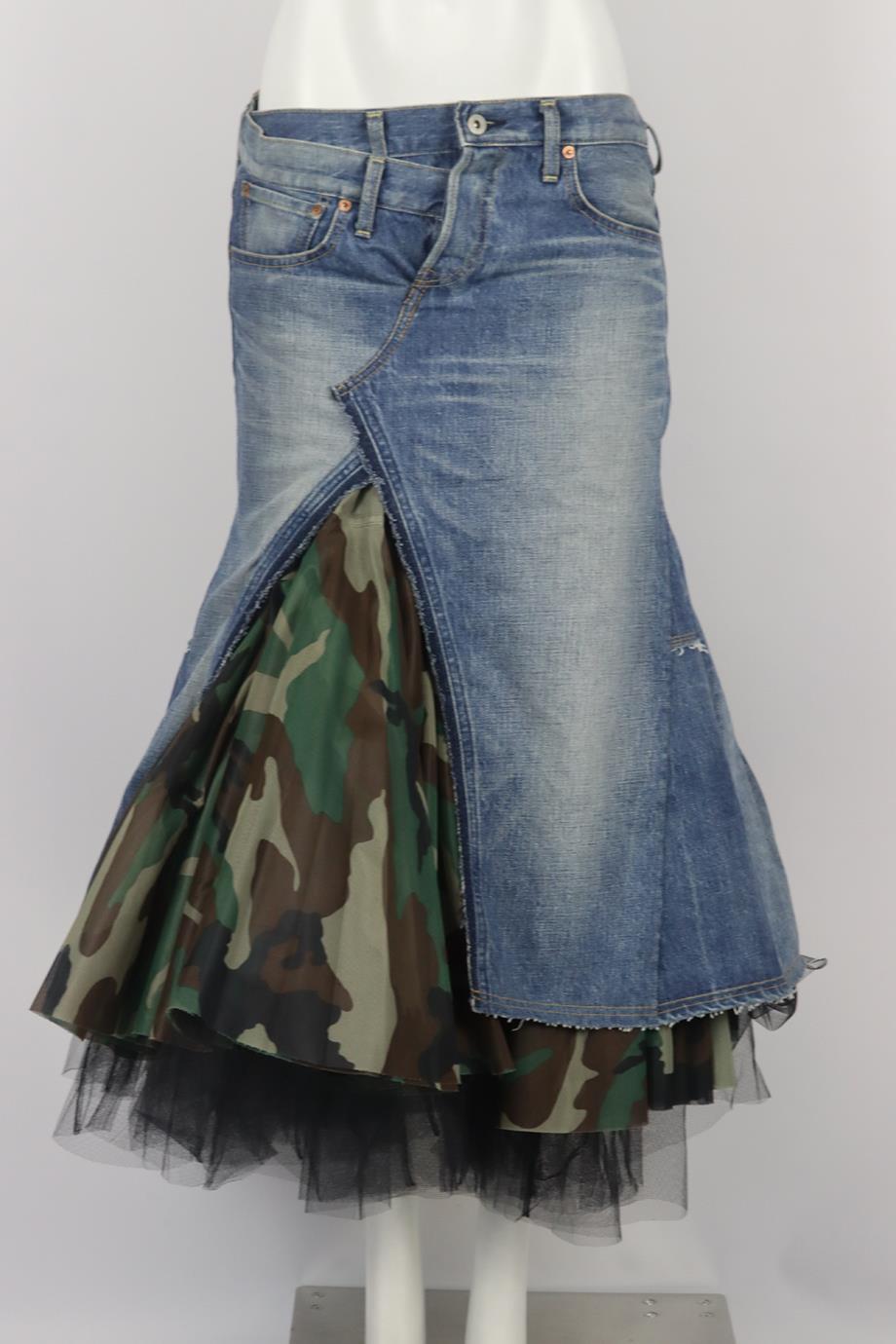 Junya Watanabe Comme Des Garçon asymmetric tulle trimmed denim midi skirt. Blue, green and black. Button and zip fastening at front. 100% Cotton; fabric2: 100% polyester; tulle: 100% nylon; lining: 100% polyester. Size: Medium (UK 10, US 6, FR 38,