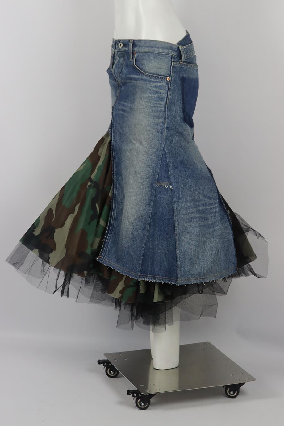 Junya Watanabe Comme Des Garçon Asymmetric Tulle Trimmed Denim Midi Skirt Medium In Excellent Condition In London, GB