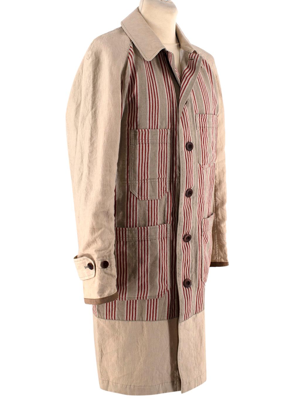 Junya Watanabe Comme Des Garcons Beige Linen Striped Coat 

- Spread collar with a button closure at the front
- Linen herringbone panel striped in red, and tones of beige at the front
- Patch pockets at chest and waist
- Adjustable buttoned tab and